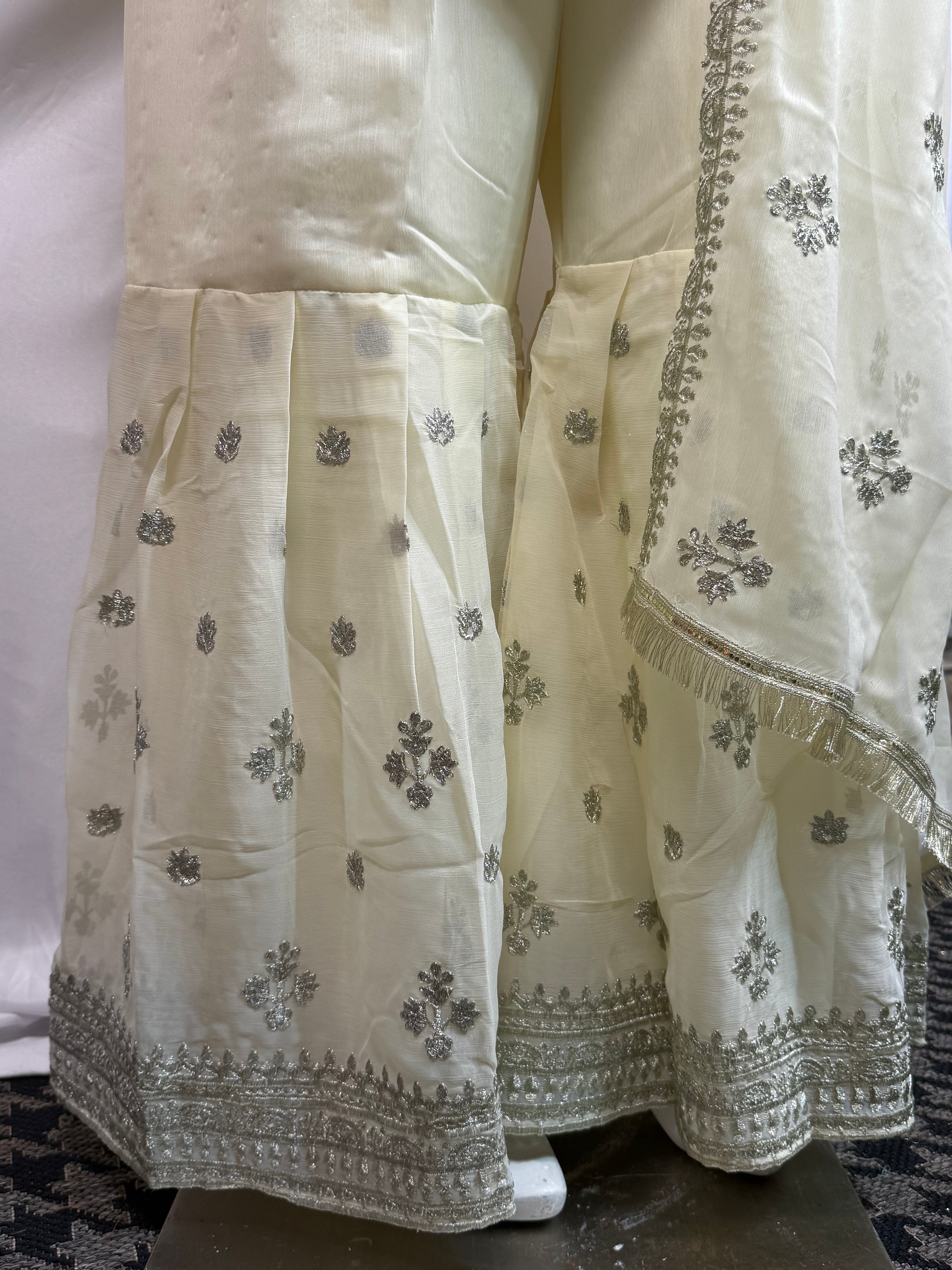 Ladies 3 Pcs Cream Colour Garara Set With Embroidery And Beads Work (Including Shirt, Garara And Duptta