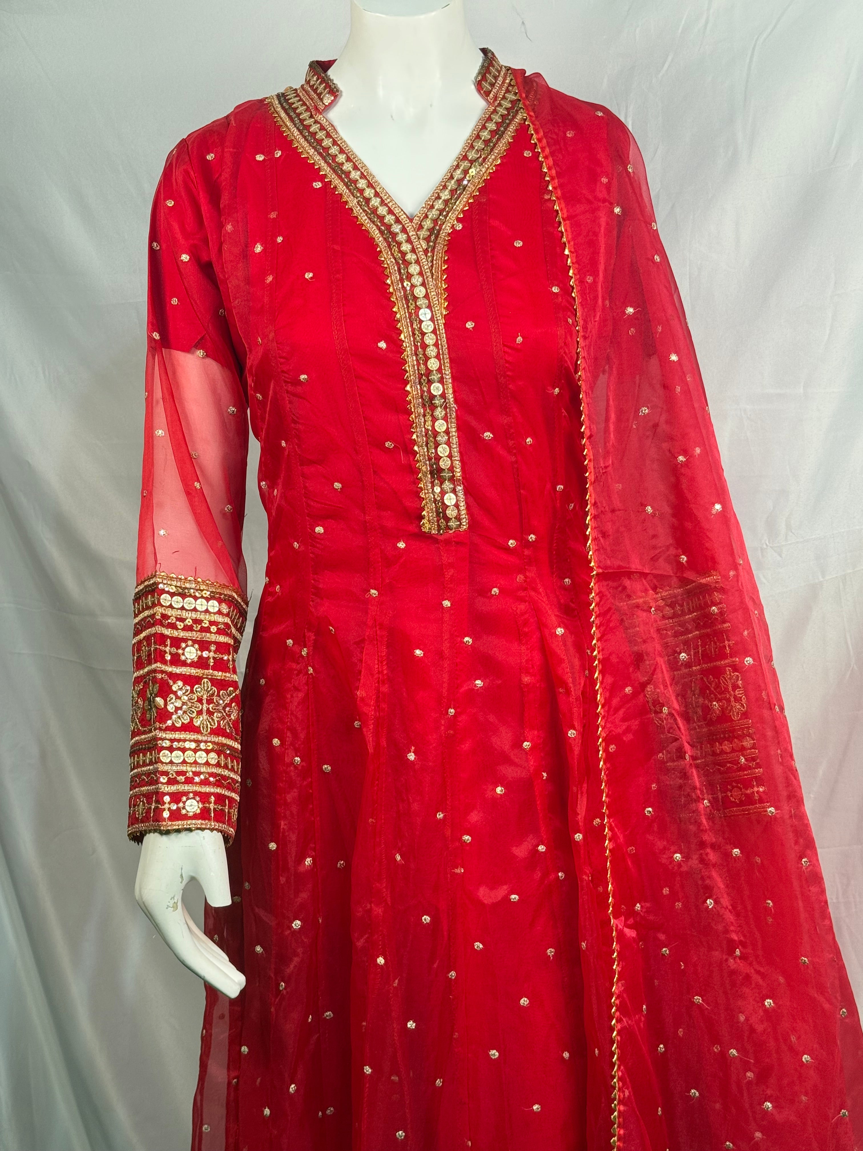 Ladies Red Long Maxi 3 Pcs Suit With Embroidery And Sequence Work On Shirt (Ls-01)