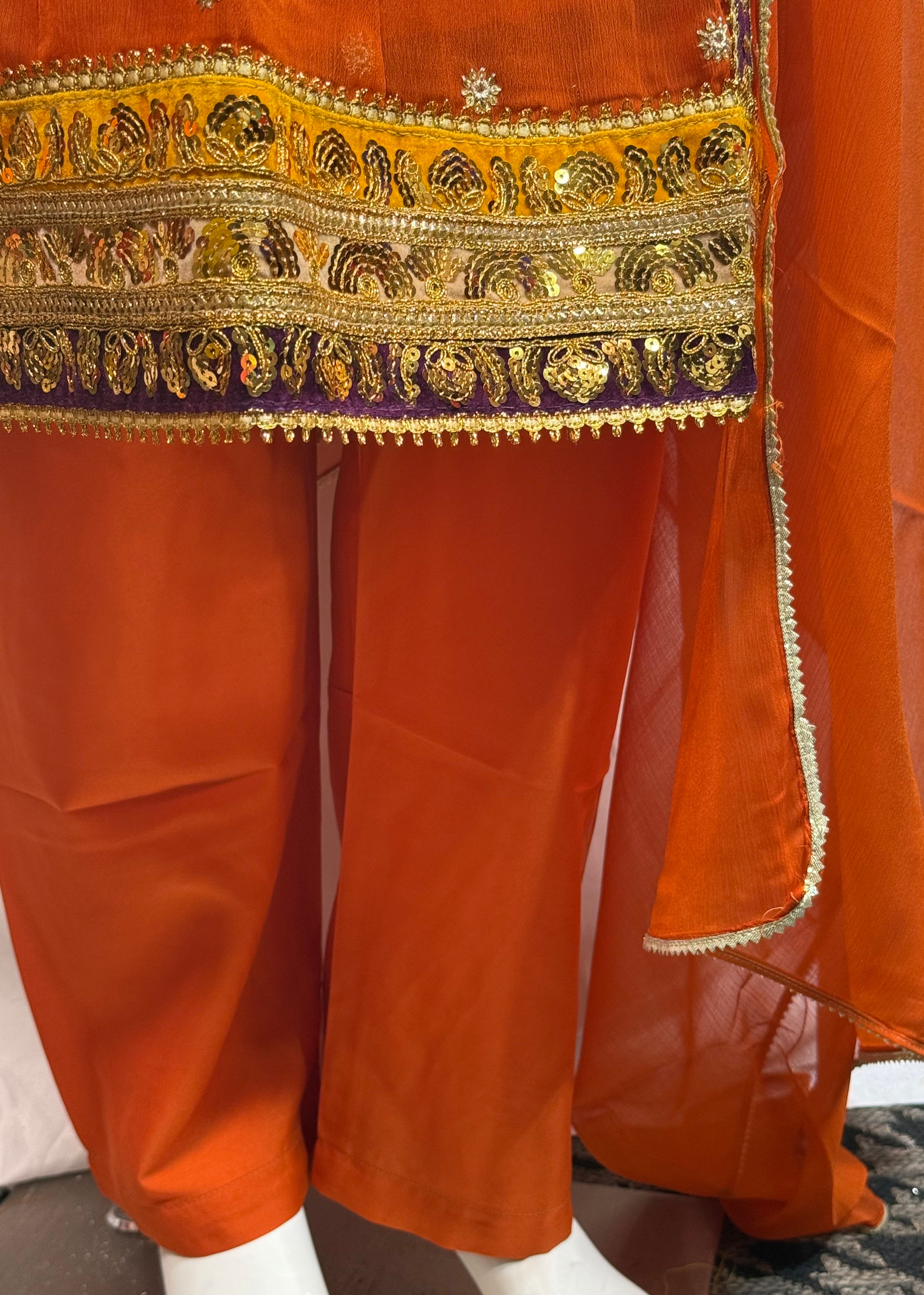 Ladies Orange Chiffon Angrakah Style 3 Pcs Suit With Embroidery On Shirt (Last-01)