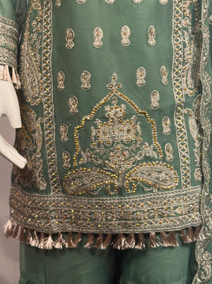 Ladies 3 Pcs Sage Green Garara Set With Embroidery (Including Shirt, Garara And Duptta) Lgs-3- Areeba's Couture
