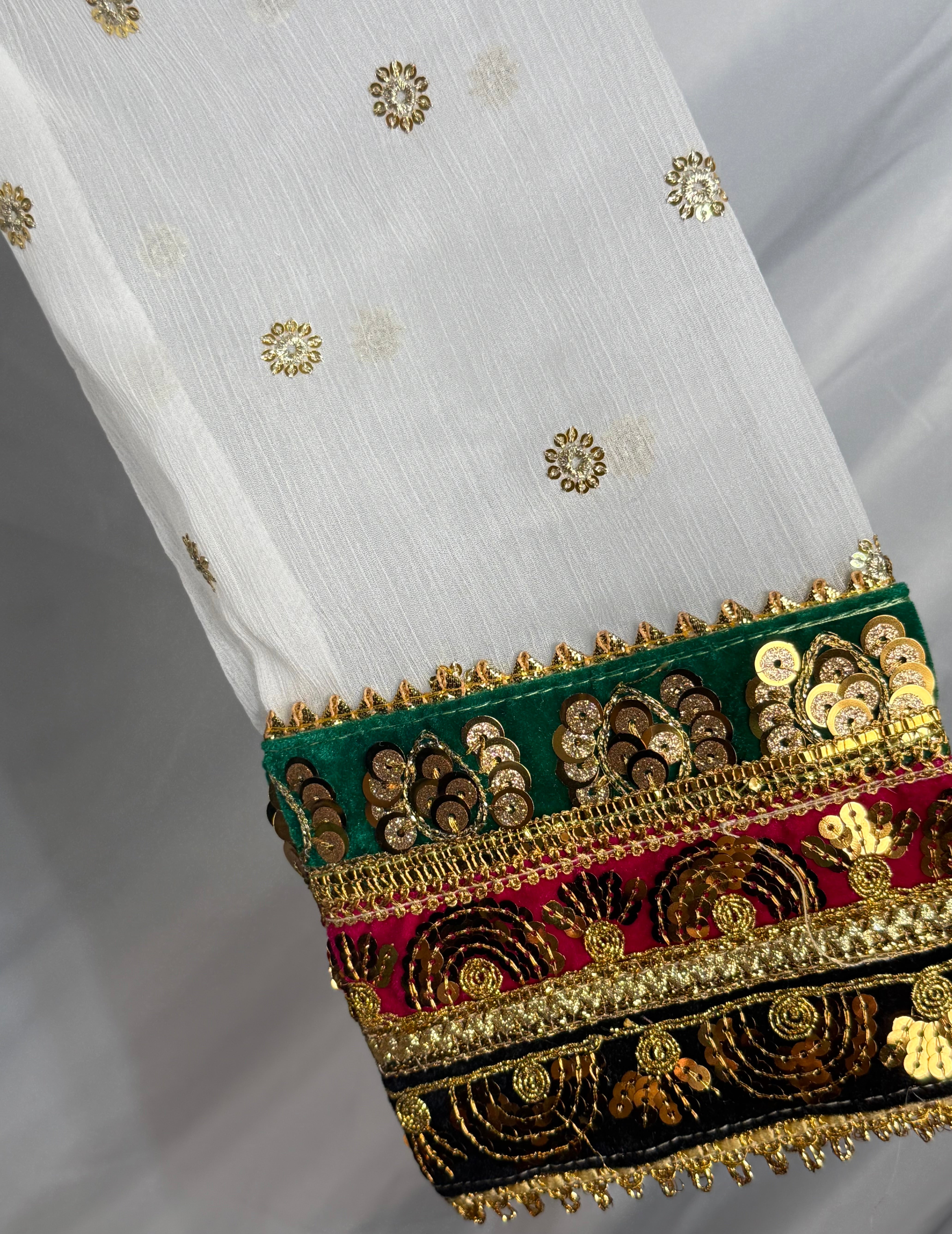 Ladies White Chiffon Angrakah Style 3 Pcs Suit With Embroidery On Shirt (Last-03)