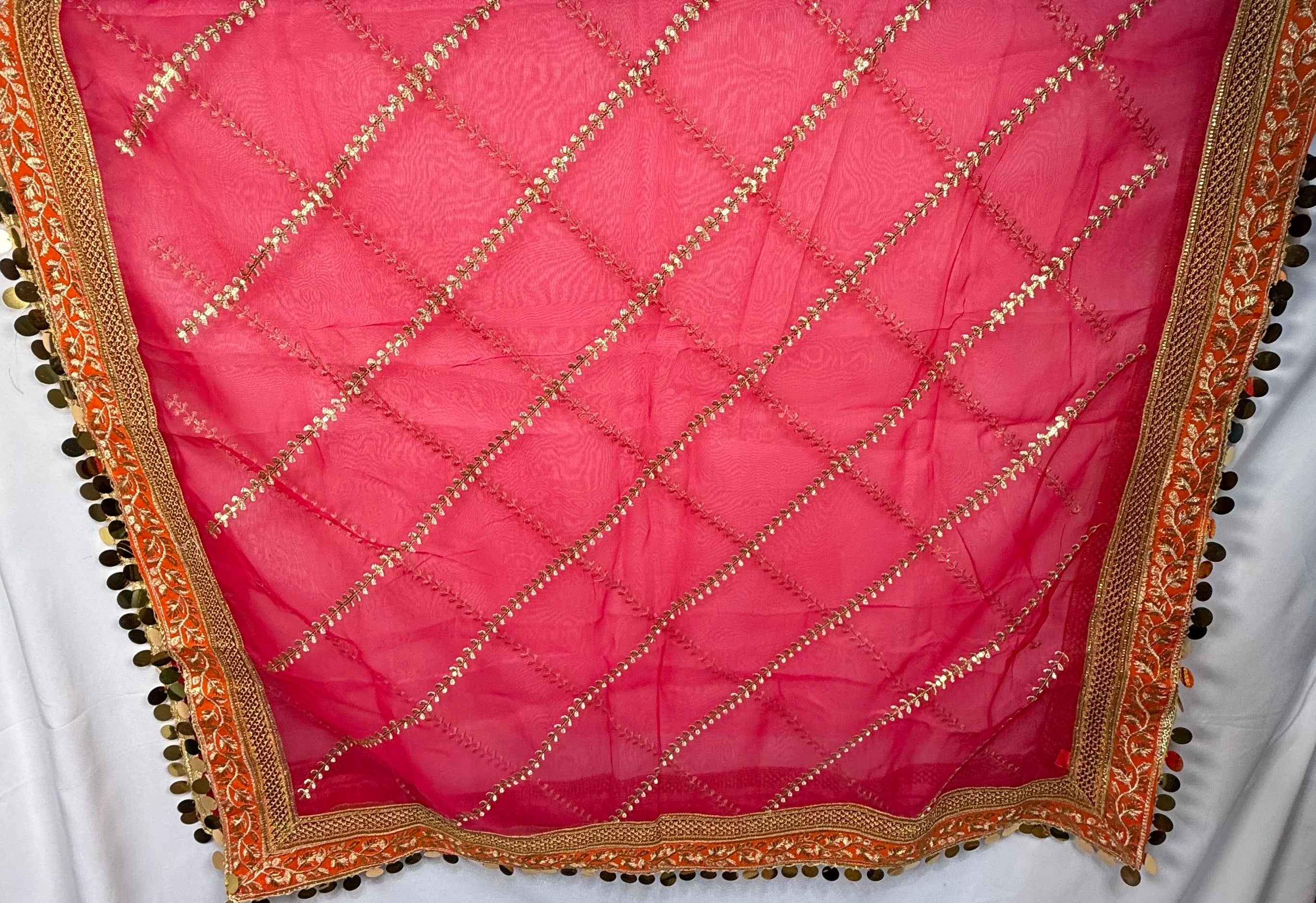 Shocking Pink Colour Organza Duptta With Embroidery And Coin Lace By Areeba'S Couture