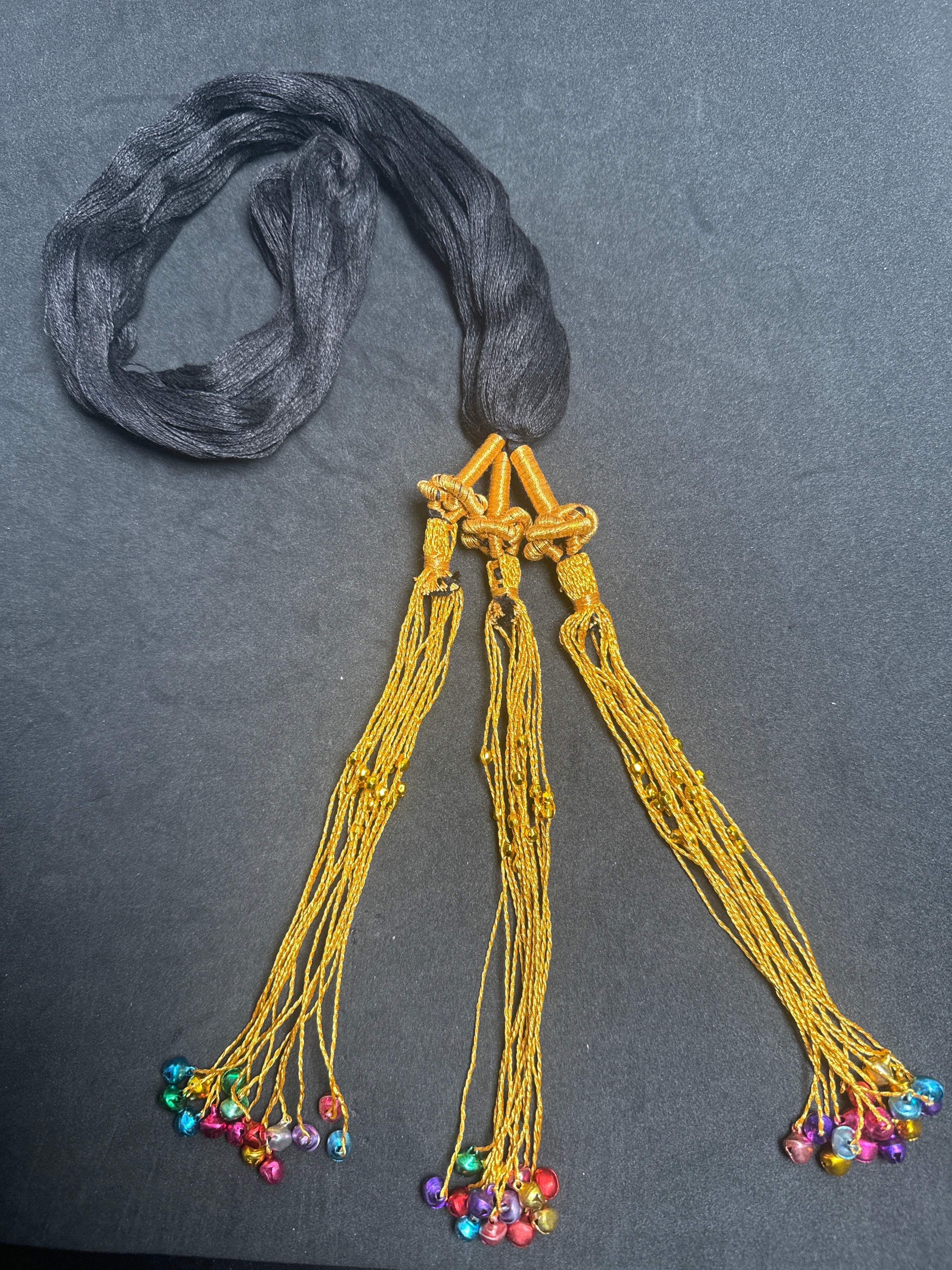Parranda - Black Parranda PD61 with golden tessels with colourful bells for Asian ladies hair use