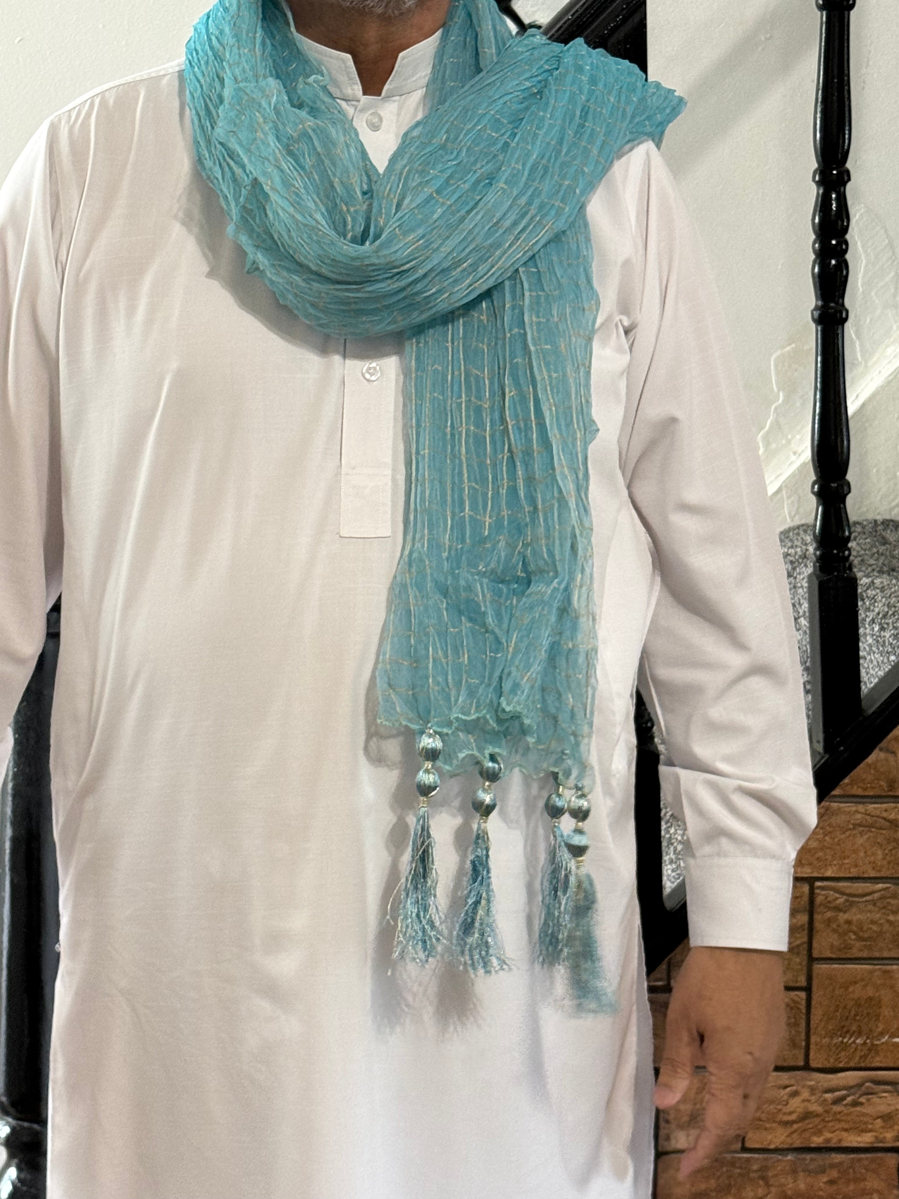 Mehndi Dupatta For The Lads In Aqua Blue Colour With Tussles