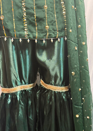 Ladies 3 Pcs Bottle Green Garara Set With Embroidery And Beads Work (Including Shirt, Garara And Duptta ) Lgs-7- Areeba's Couture