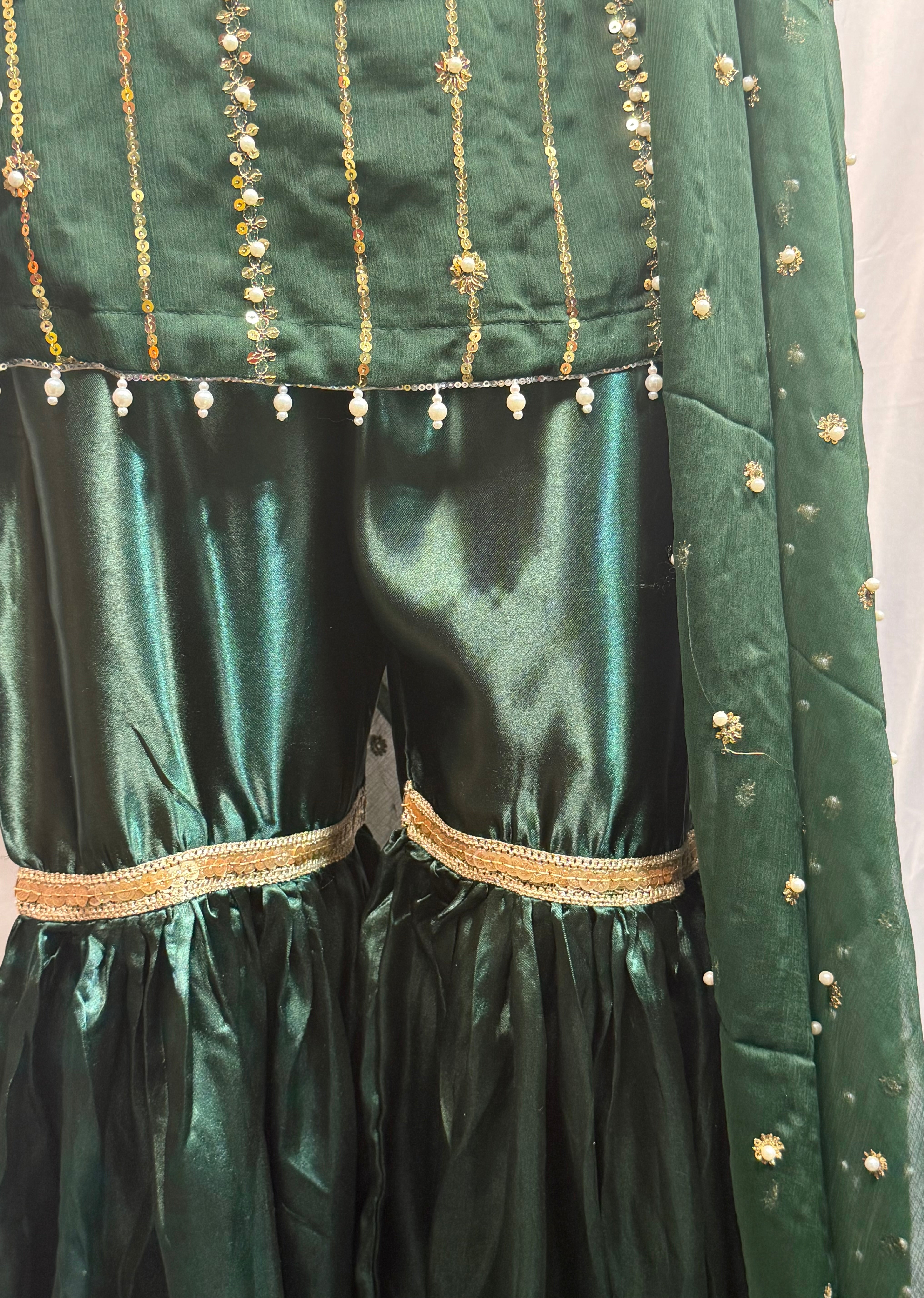 Ladies 3 Pcs Bottle Green Garara Set With Embroidery And Beads Work (Including Shirt, Garara And Duptta ) Lgs-7