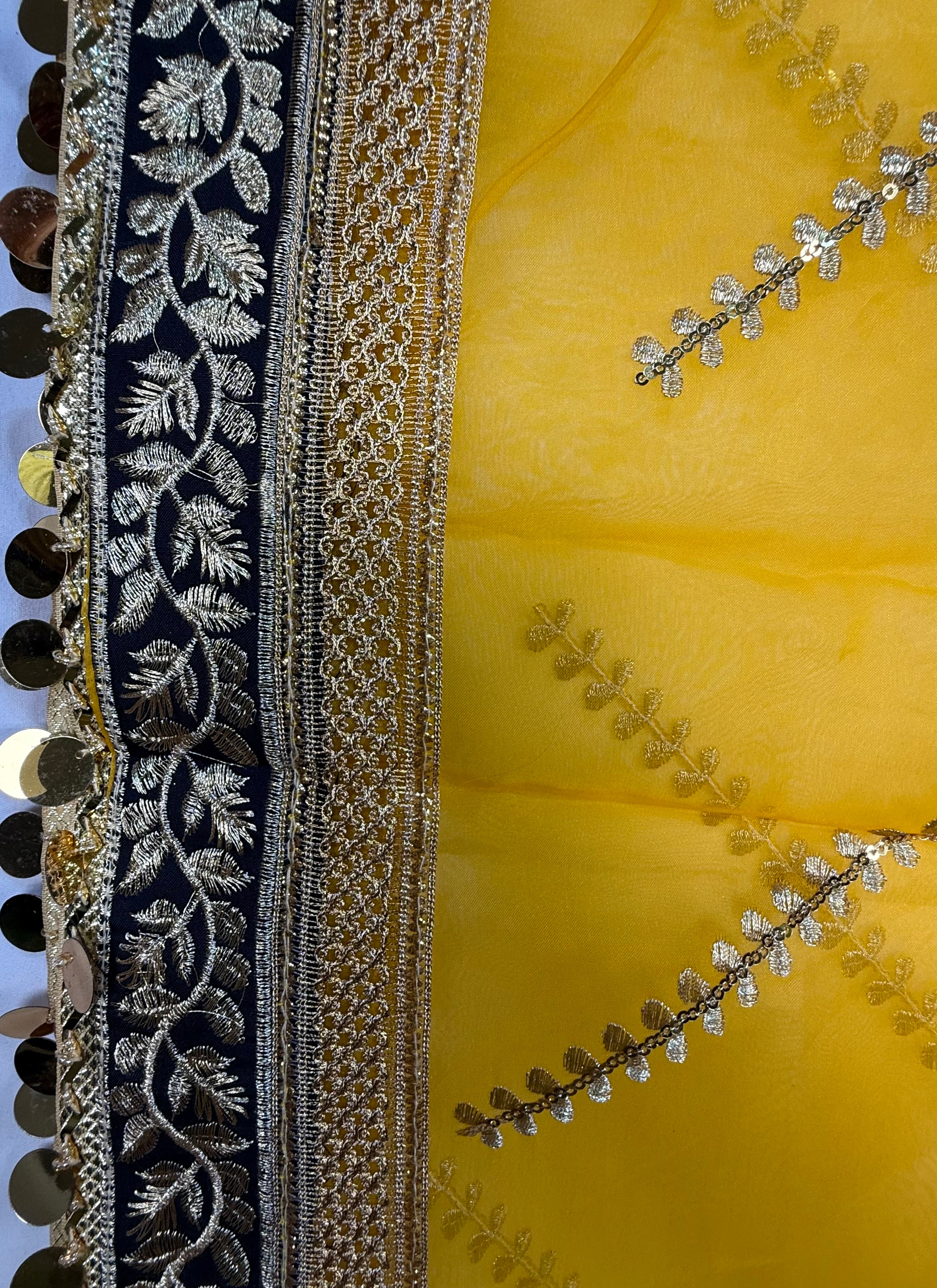 Yellow Organza Duptta With Embroidery And Coin Lace By Areeba'S Couture