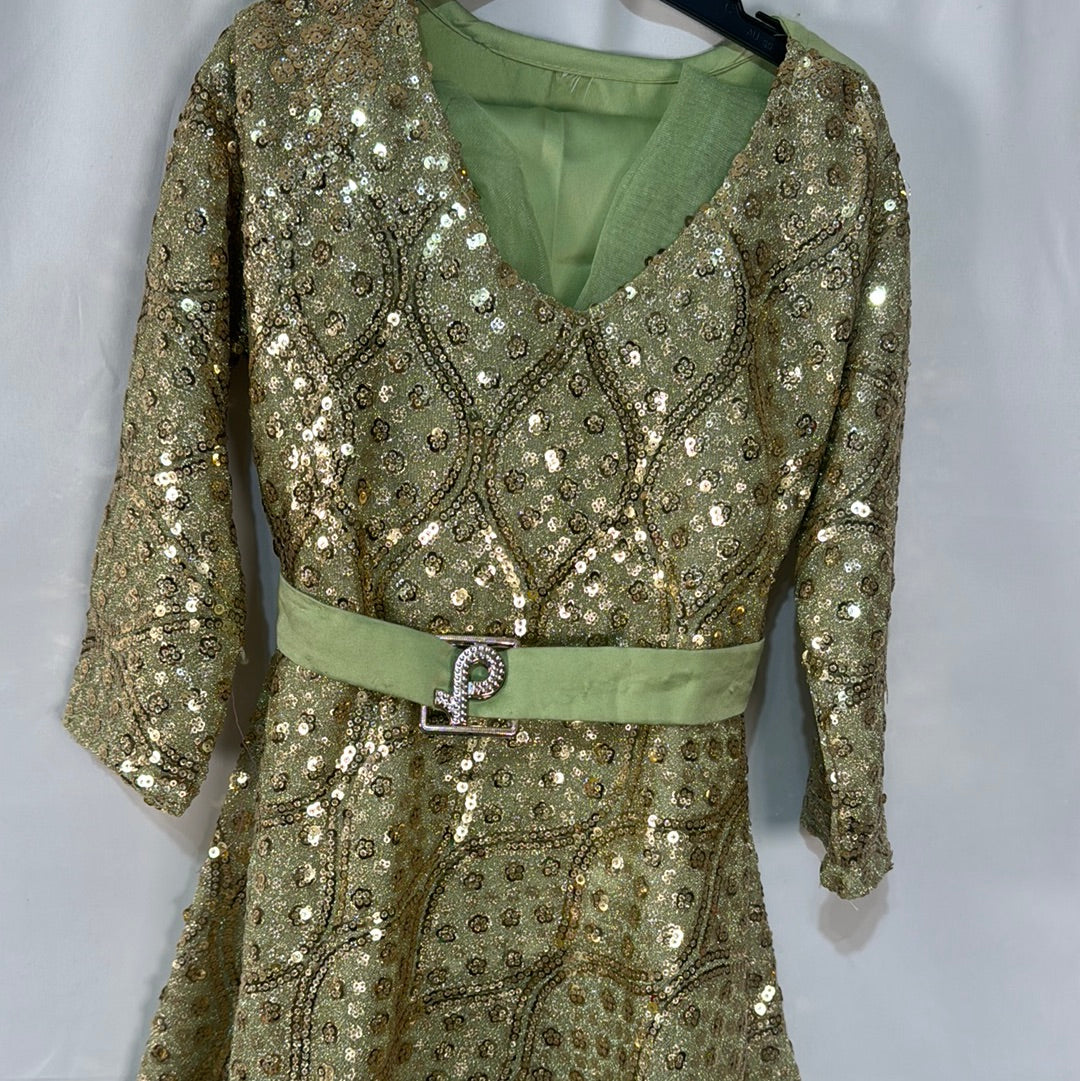 Girls Green Sequined Work Dress with Matching Silk Trousers Perfect for Any Occasion Summer Fashion