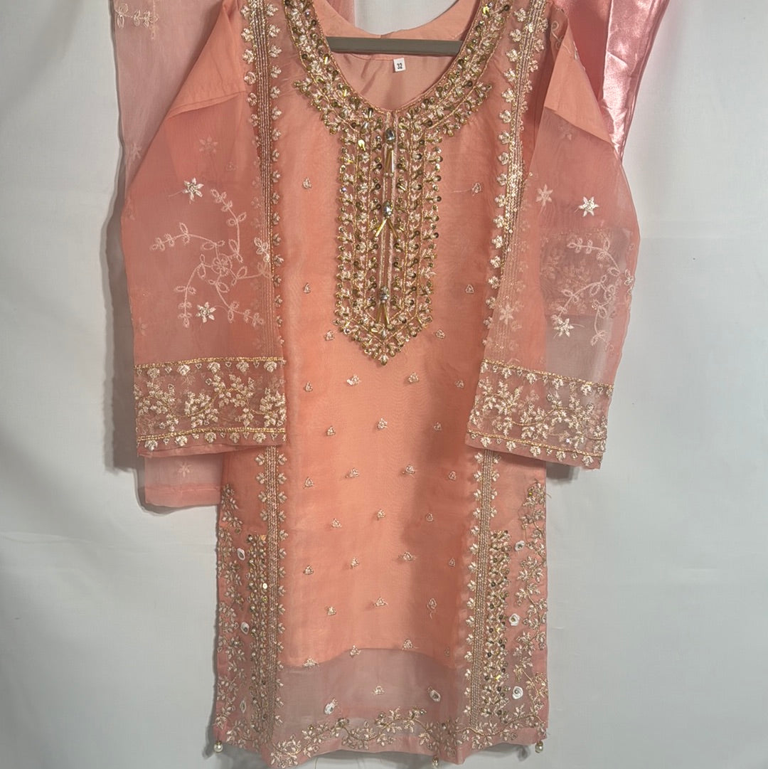 Girls peach organza shirt trouser- Areeba's Couture