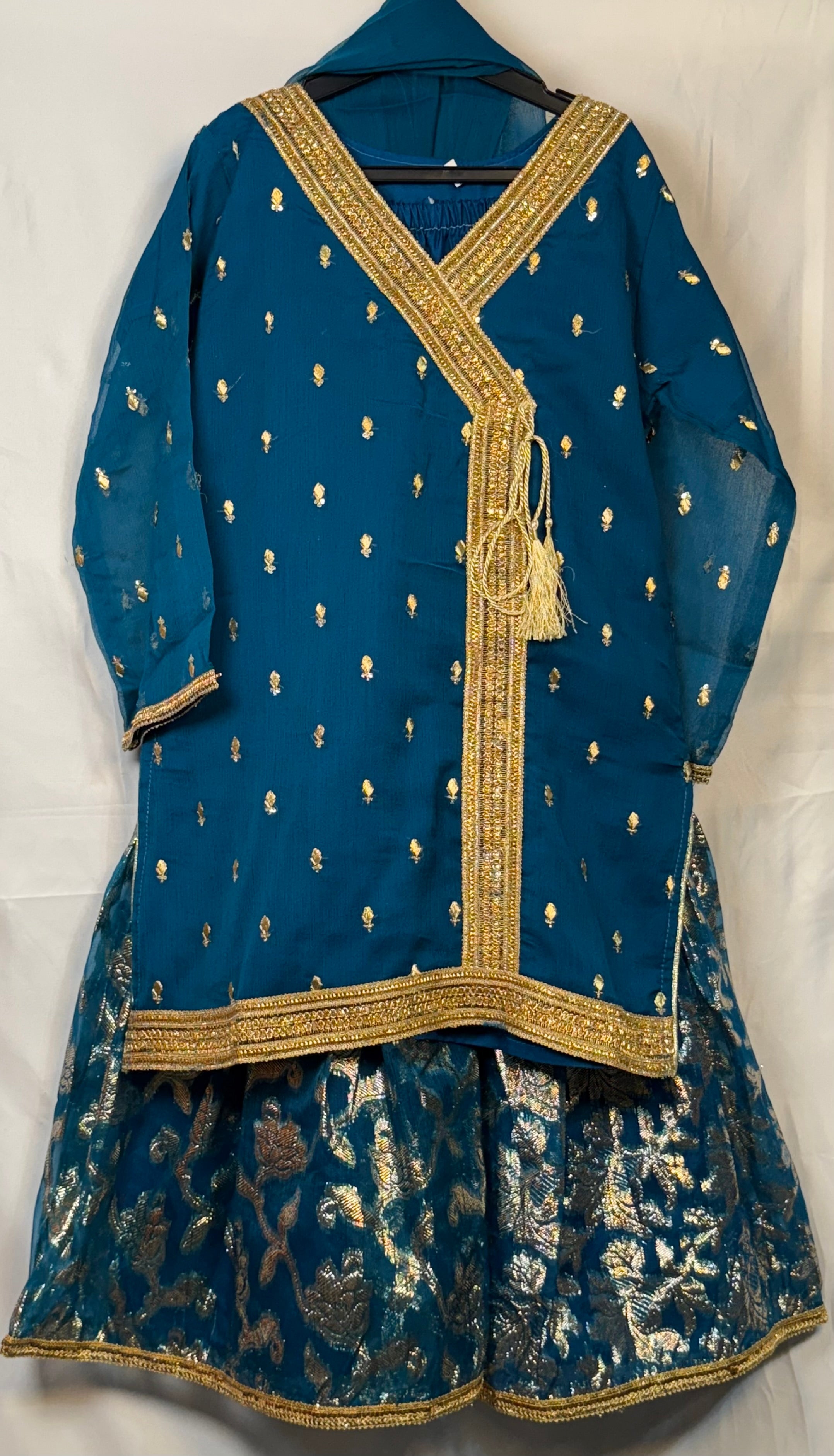 Girls Teal Blue Chiffon Angrakah Style Shirt & Garara Set With Emobidary On Shirt (3 Piece) Gcgs-9