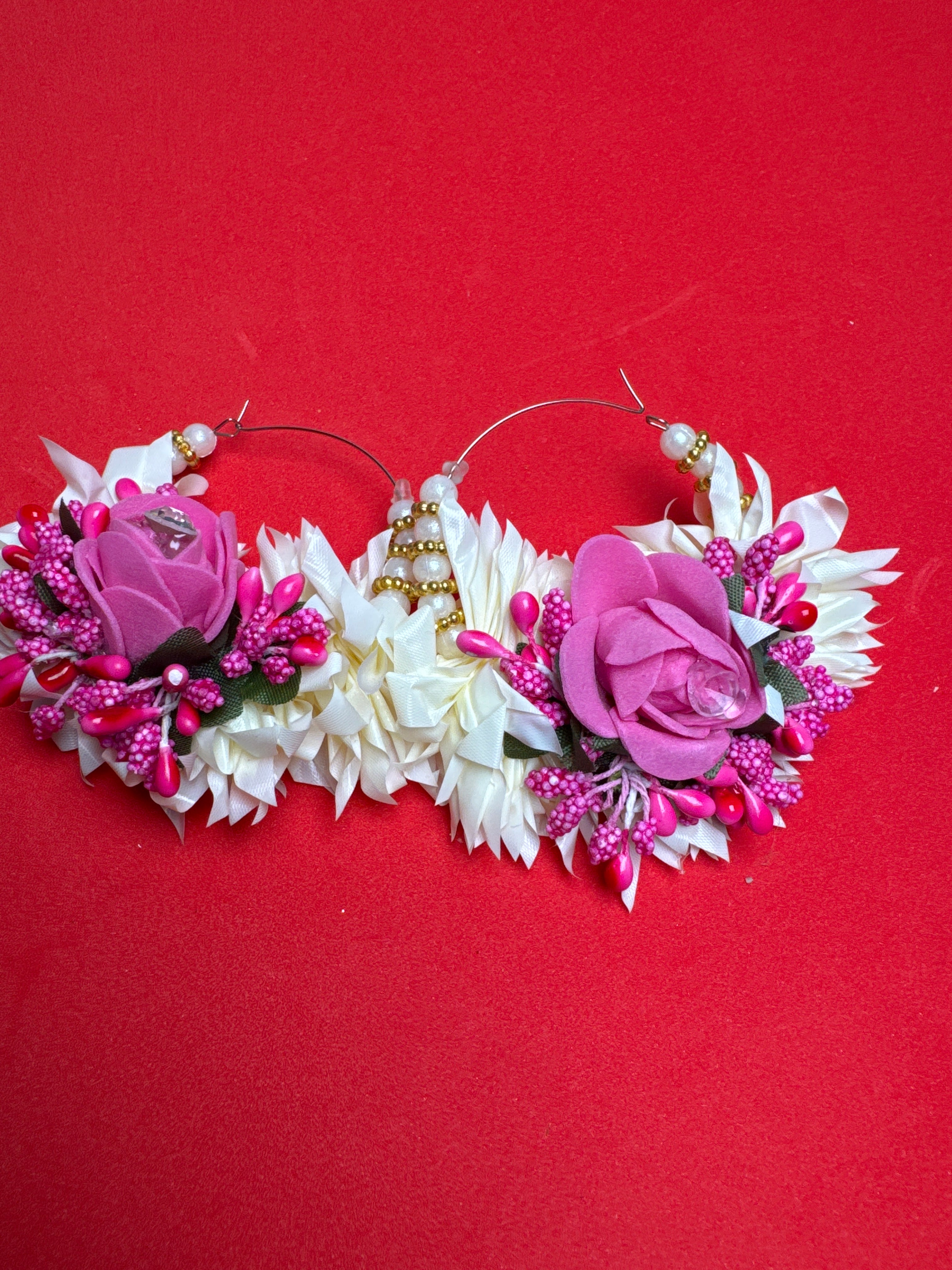 Flower Earring Pink Colour with White Petals and Pink Beads for Elegant Look