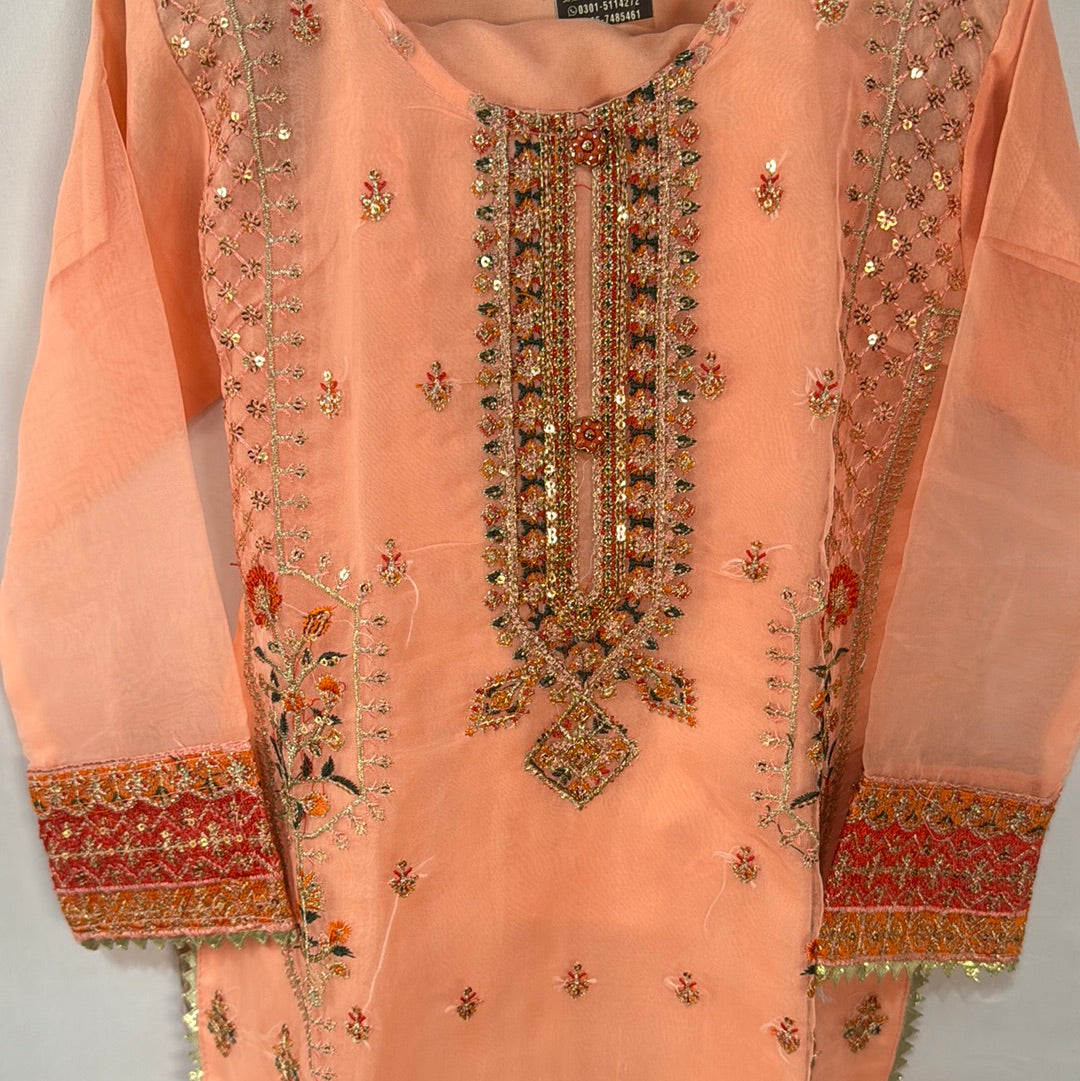 Girls peach organza embroidery shirt with trouser