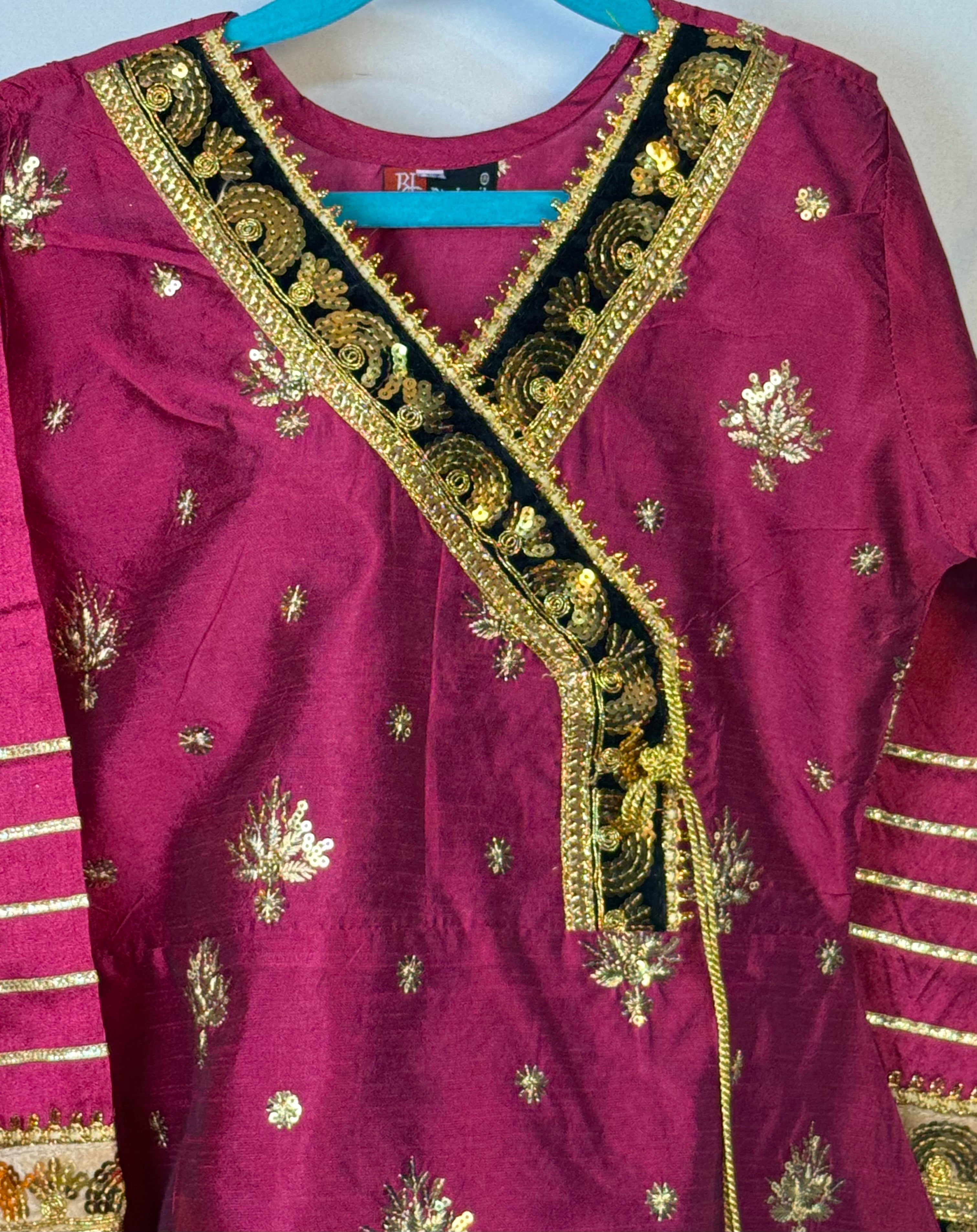 Girls Shocking Pink Airline Frock & Plazo Set On Kittan Silk With Emobidary On Shirt And Design On Plazo (2 Piece) Gcgs-16