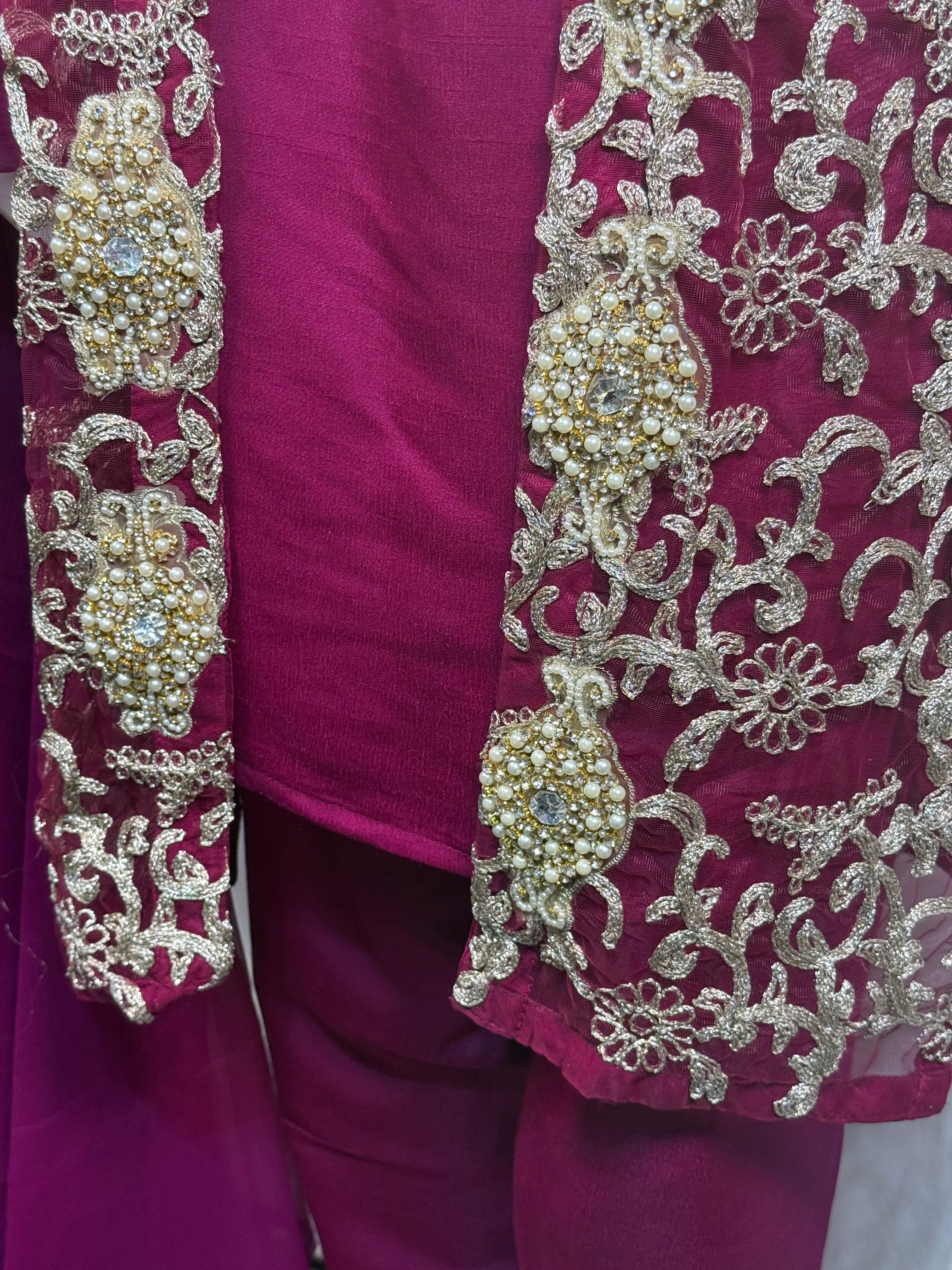 Ladies Net Gown Style Suit In Plum Colour With Heavy Work 4 Pcs