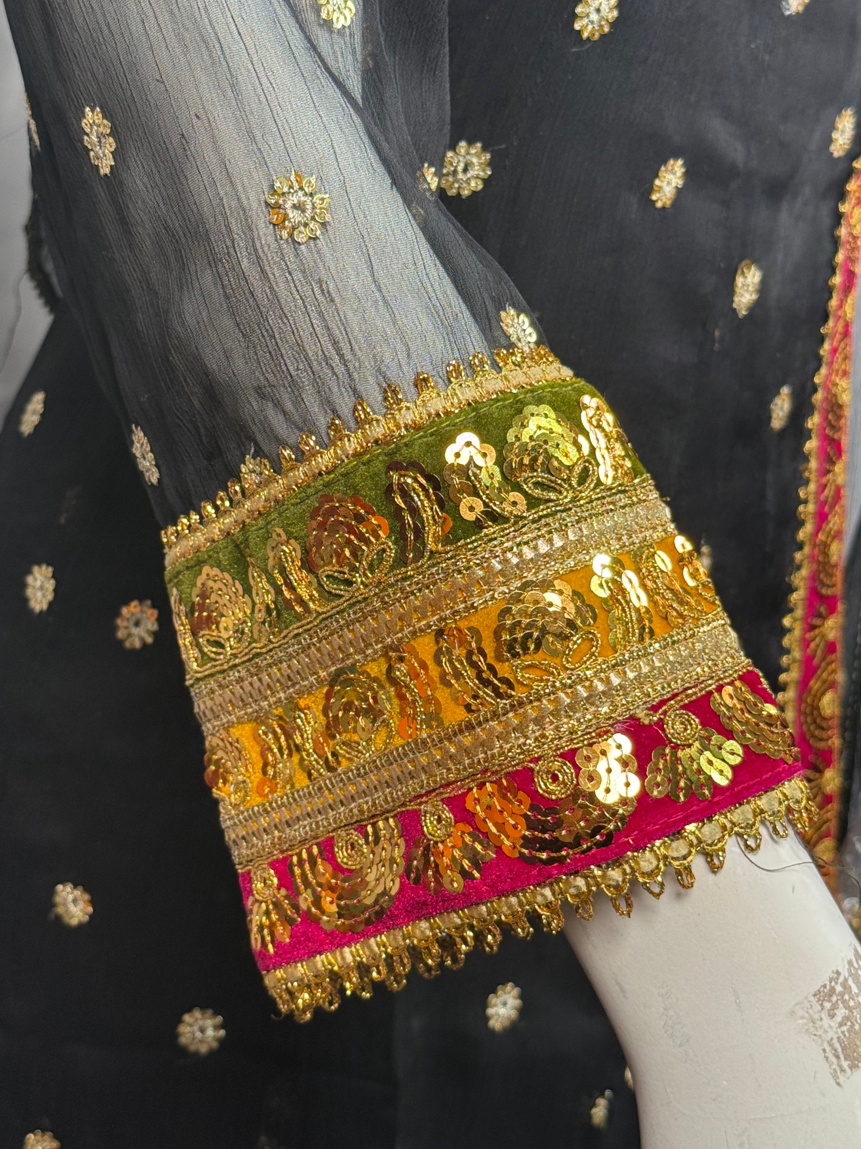 Ladies Black Chiffon Angrakah Style 3 Pcs Suit With Embroidery On Shirt (Last-04)