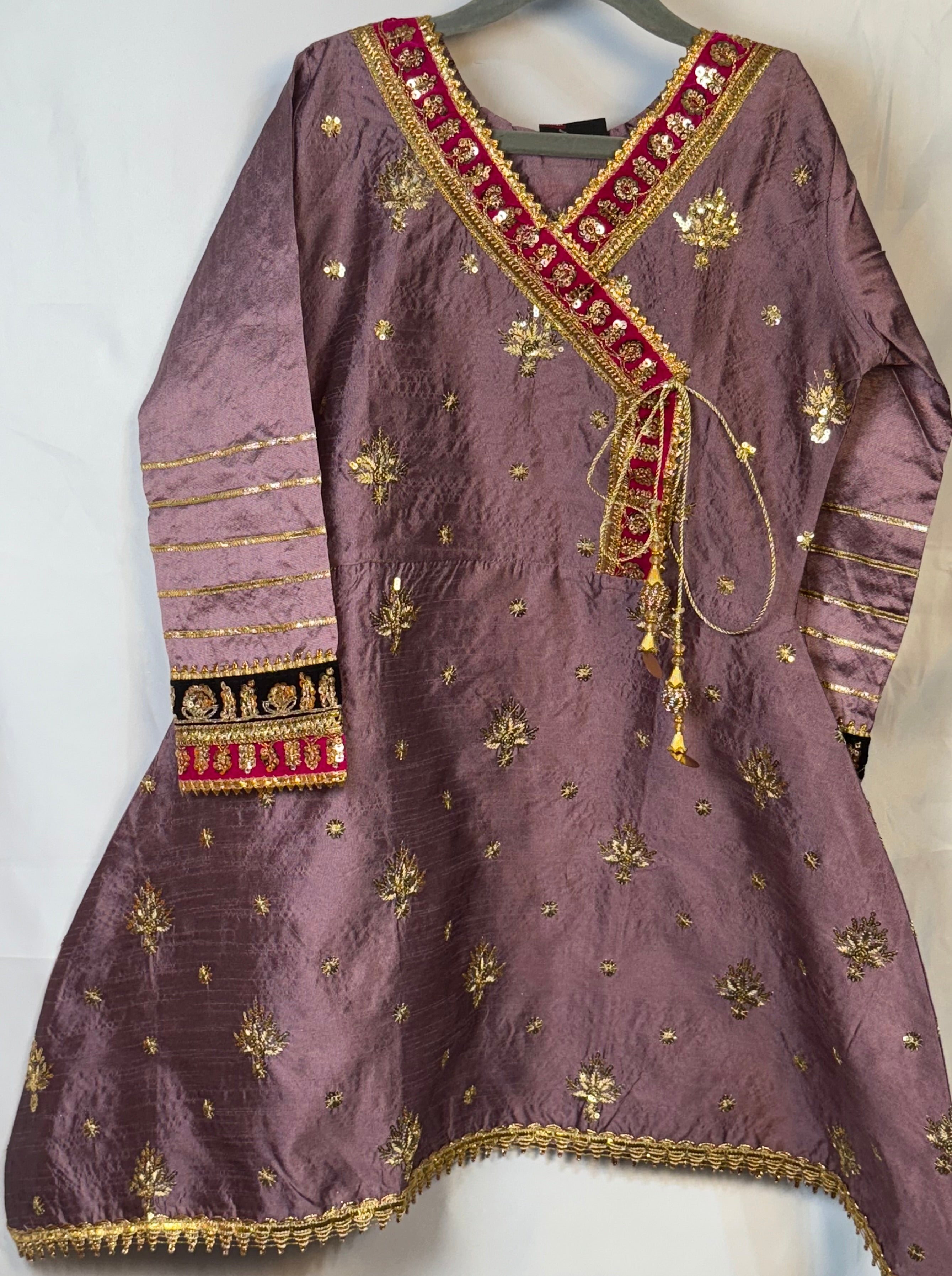 Girls Lilac Colour On Kittan Silk Fabric Airline Frock & Plazo Set With Emobidary On Shirt And Design On Plazo (2 Piece) Gcgs-14