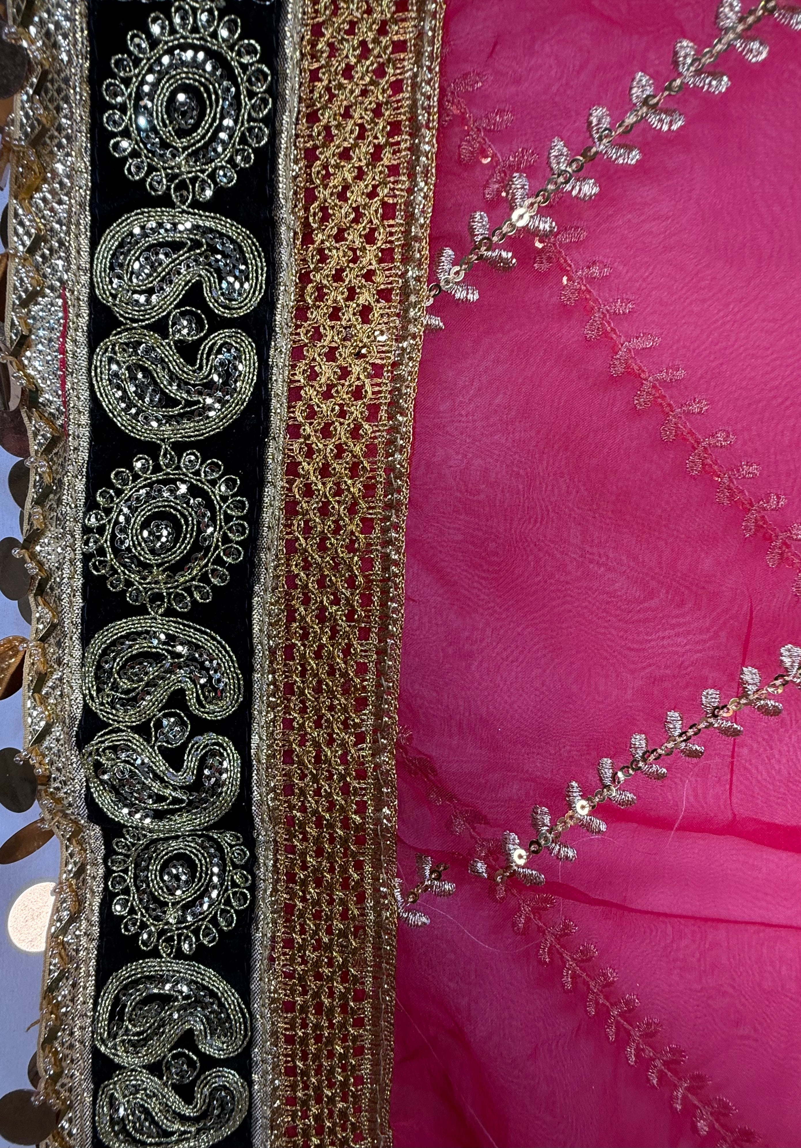 Shocking Pink Dupptta Organza Material With Coin Lace Casual Clothes