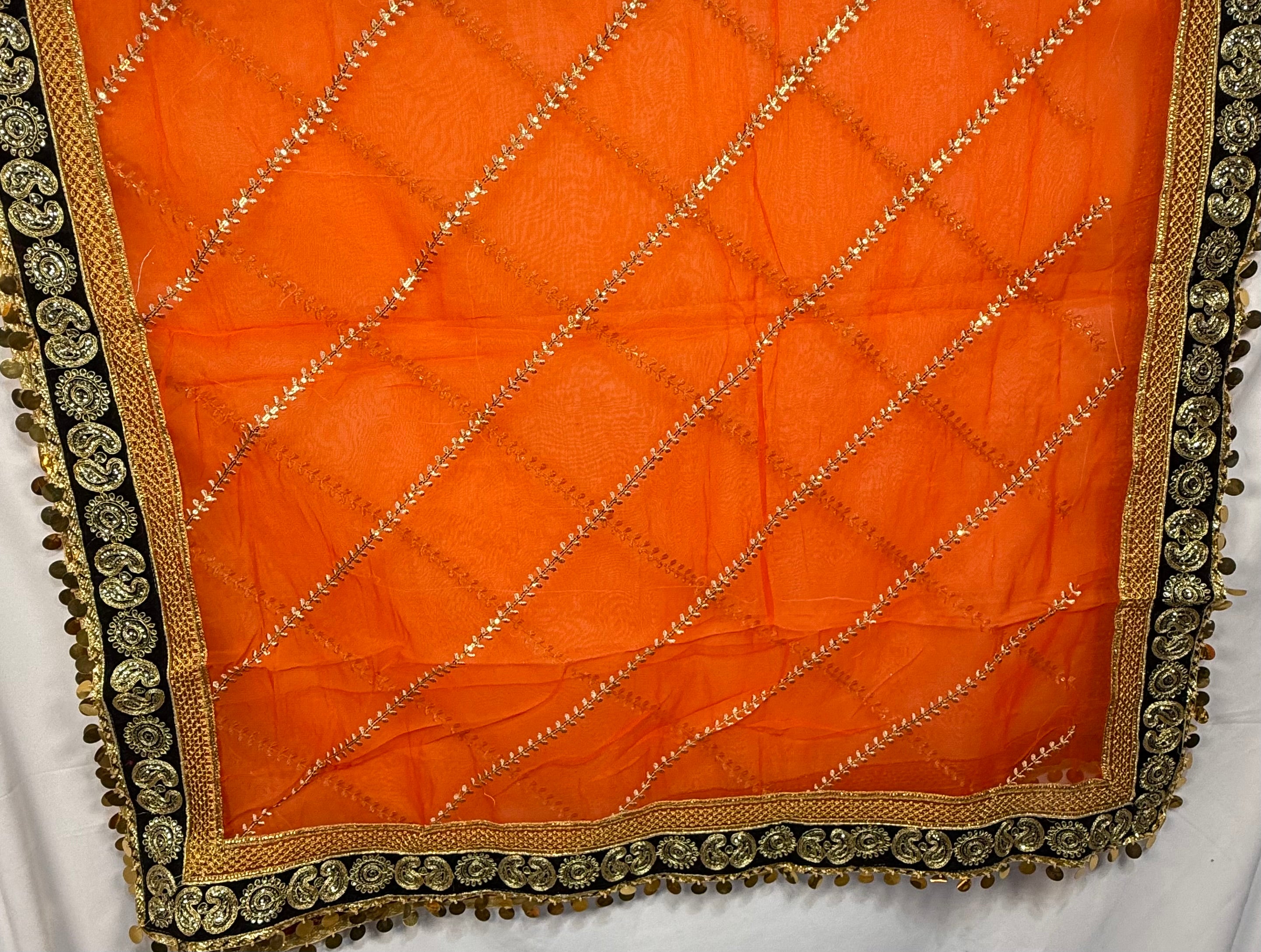 Orange Organza Duptta With Embroidery And Coin Lace By Areeba'S Couture