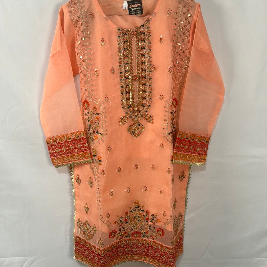 Girls peach organza embroidery shirt with trouser