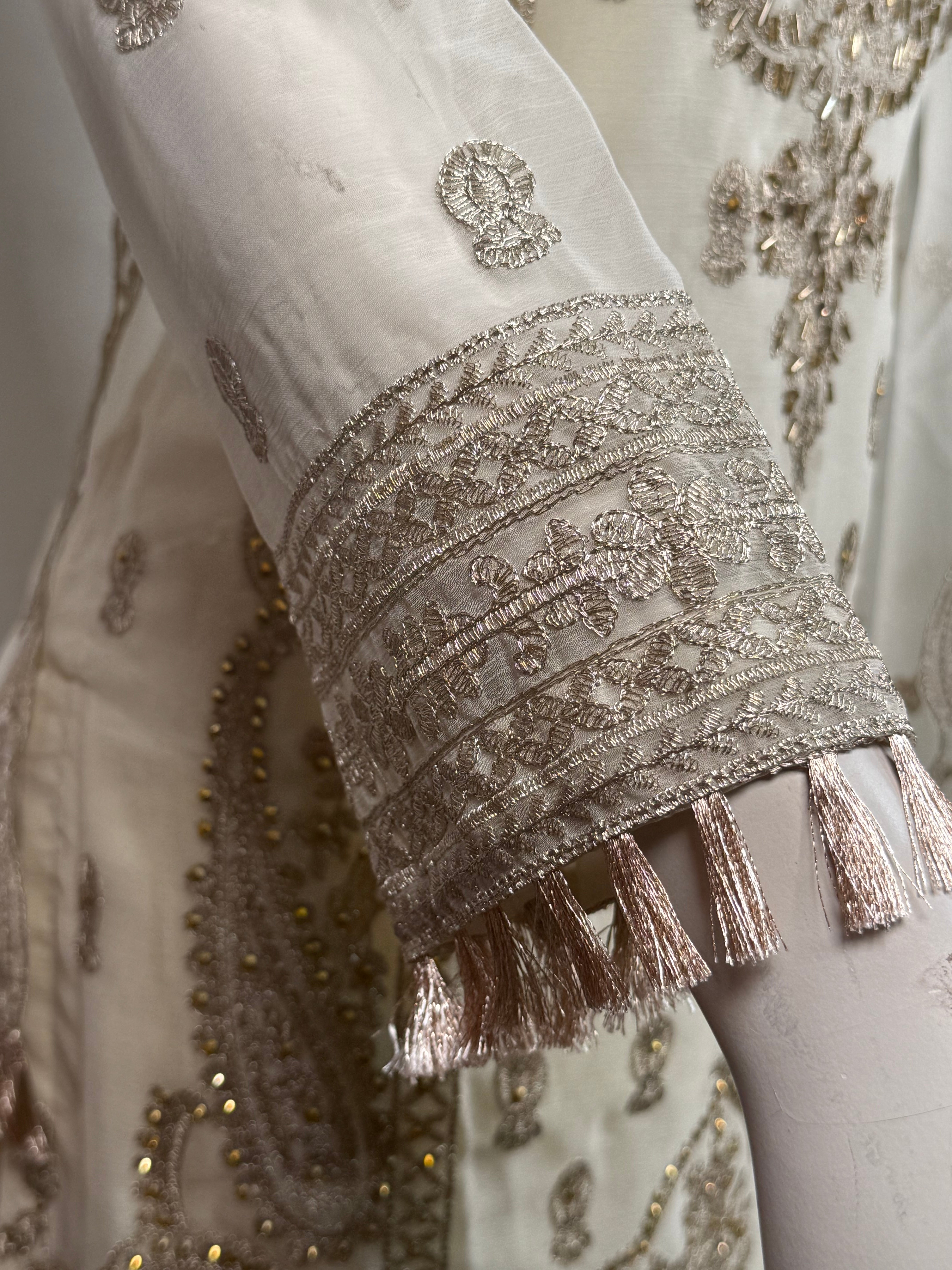 Ladies 3 Pcs Off-White Garara Set With Embroidery And Beads Work (Including Shirt, Garara And Duptta )