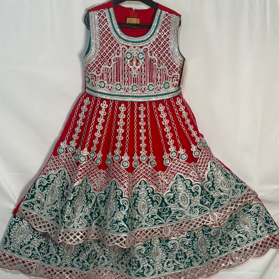 Girls red and green lengha BC21- Areeba's Couture