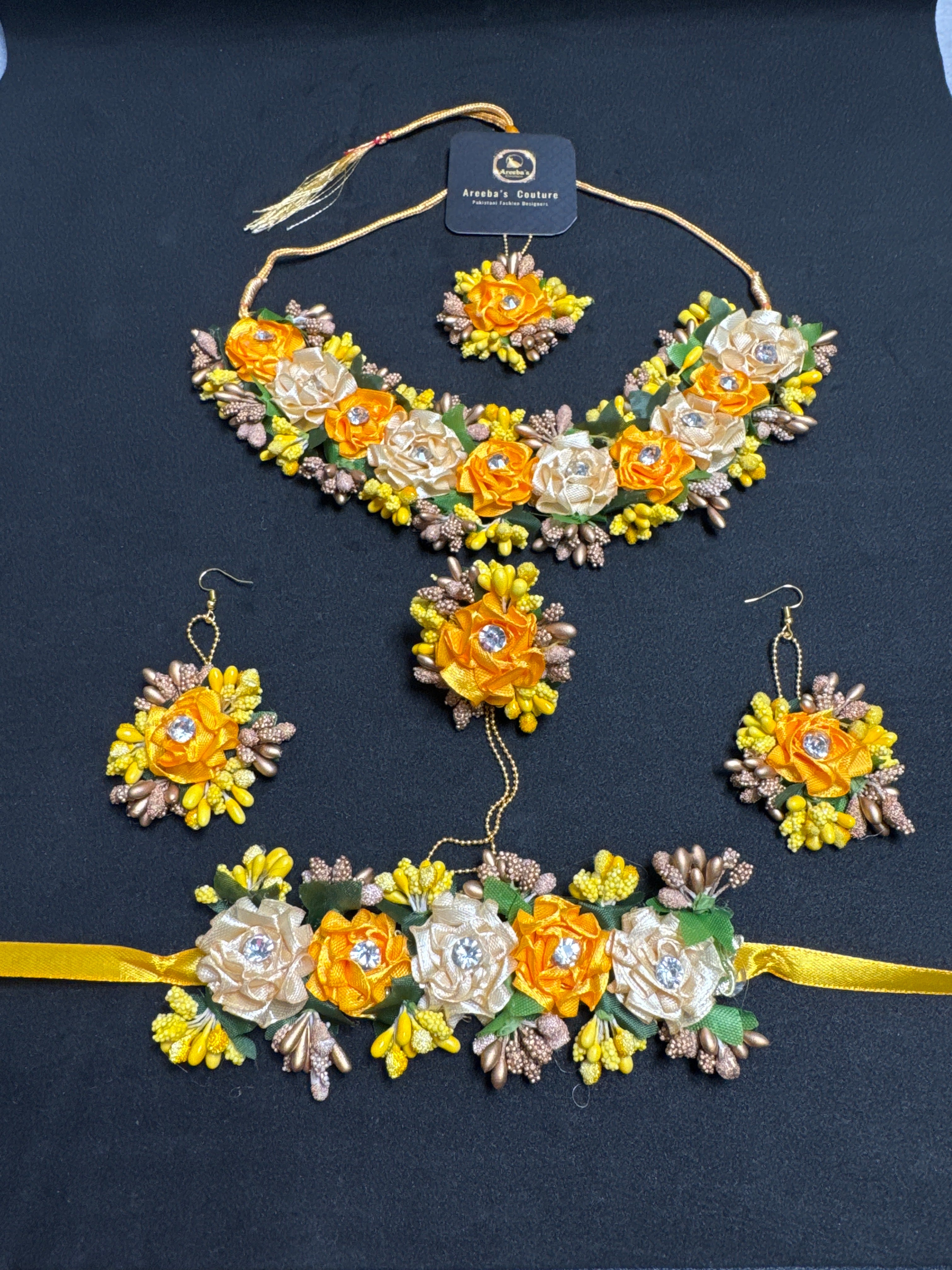 Mastered and Creem Flower Jewellery set with necklace earrings Bindi & Bracelet