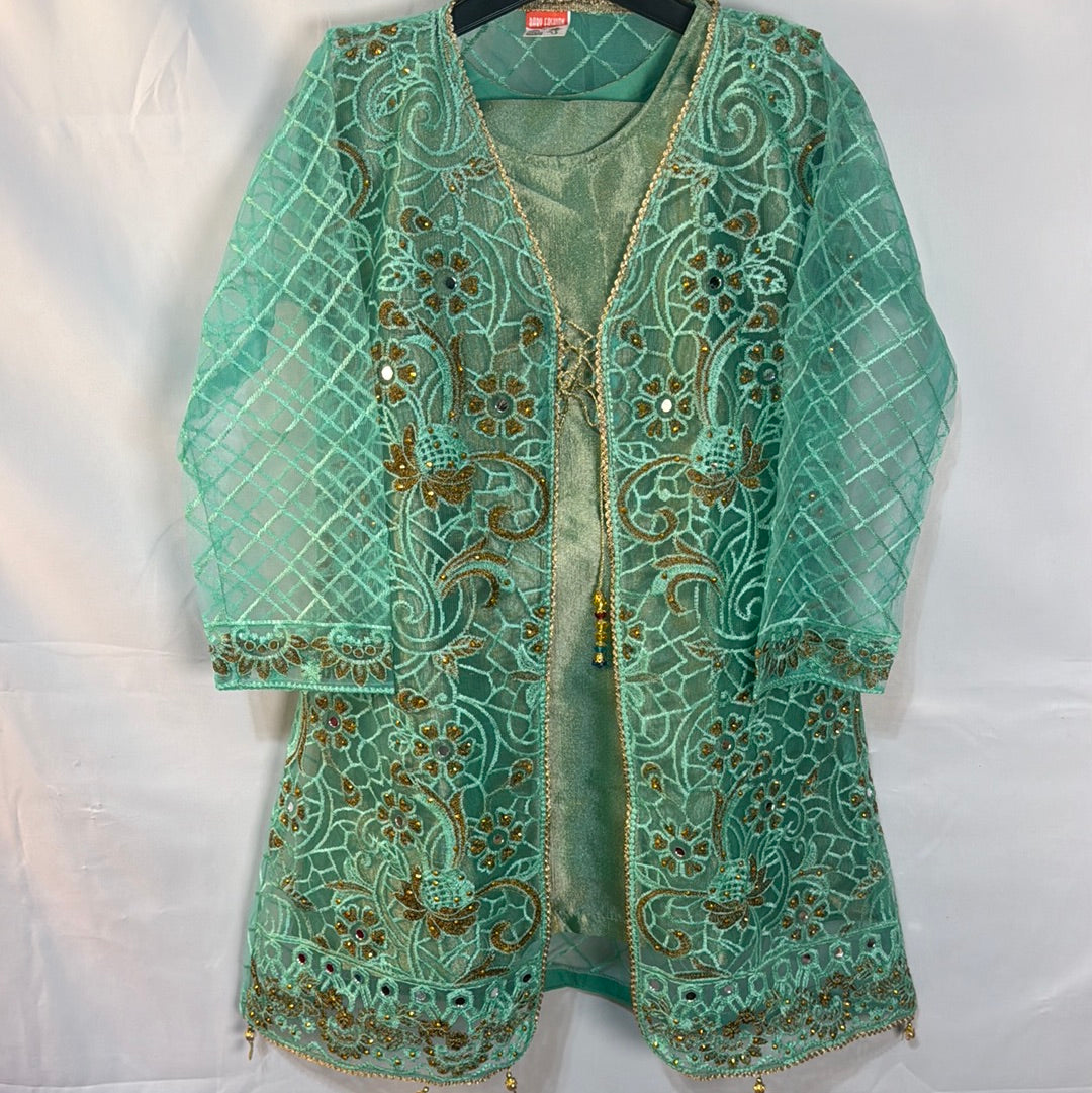 own Style Pakistani Shalwar Suit 3 PCS in Sage Green with Intricate Embroidery and Lace Work for Special Occasions