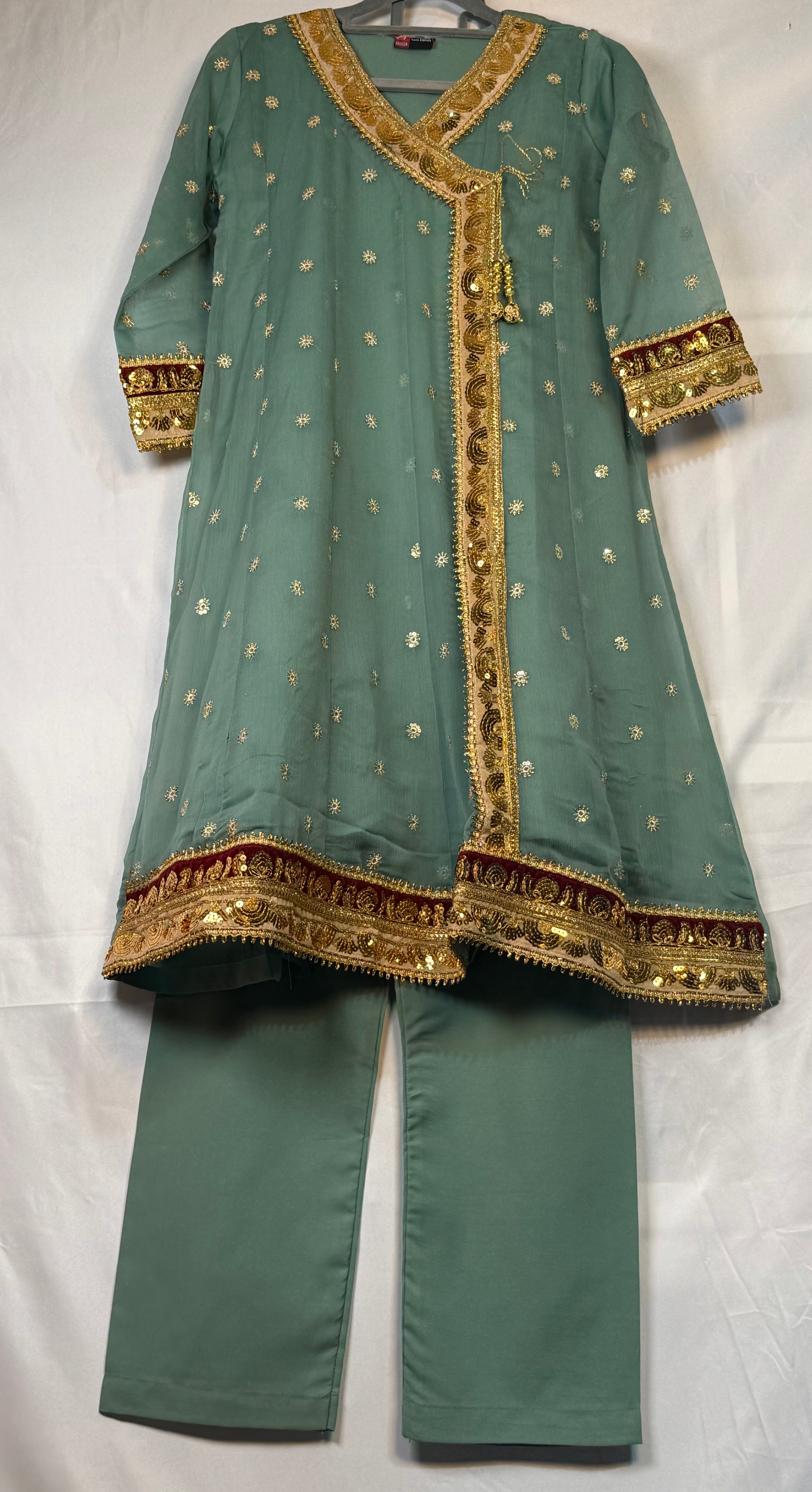 Girls Chiffon Angrakah Style Shirt & Trouser Set With Emobidary On Shirt (2 Piece) Gcgs-18