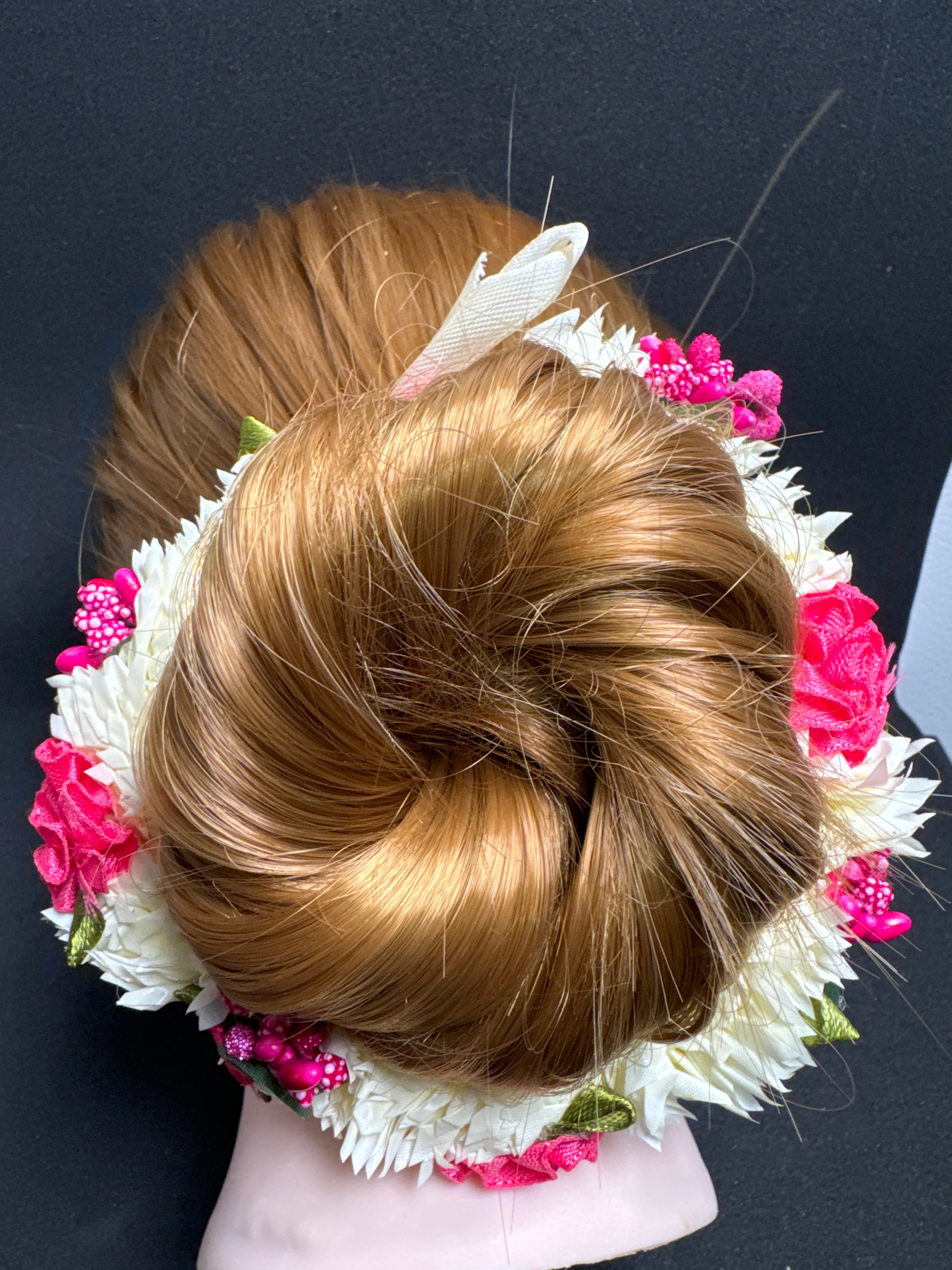 Hair Bun Flower Jewellery in Pink and White Colour Elegant Hair Accessory for Special Occasions