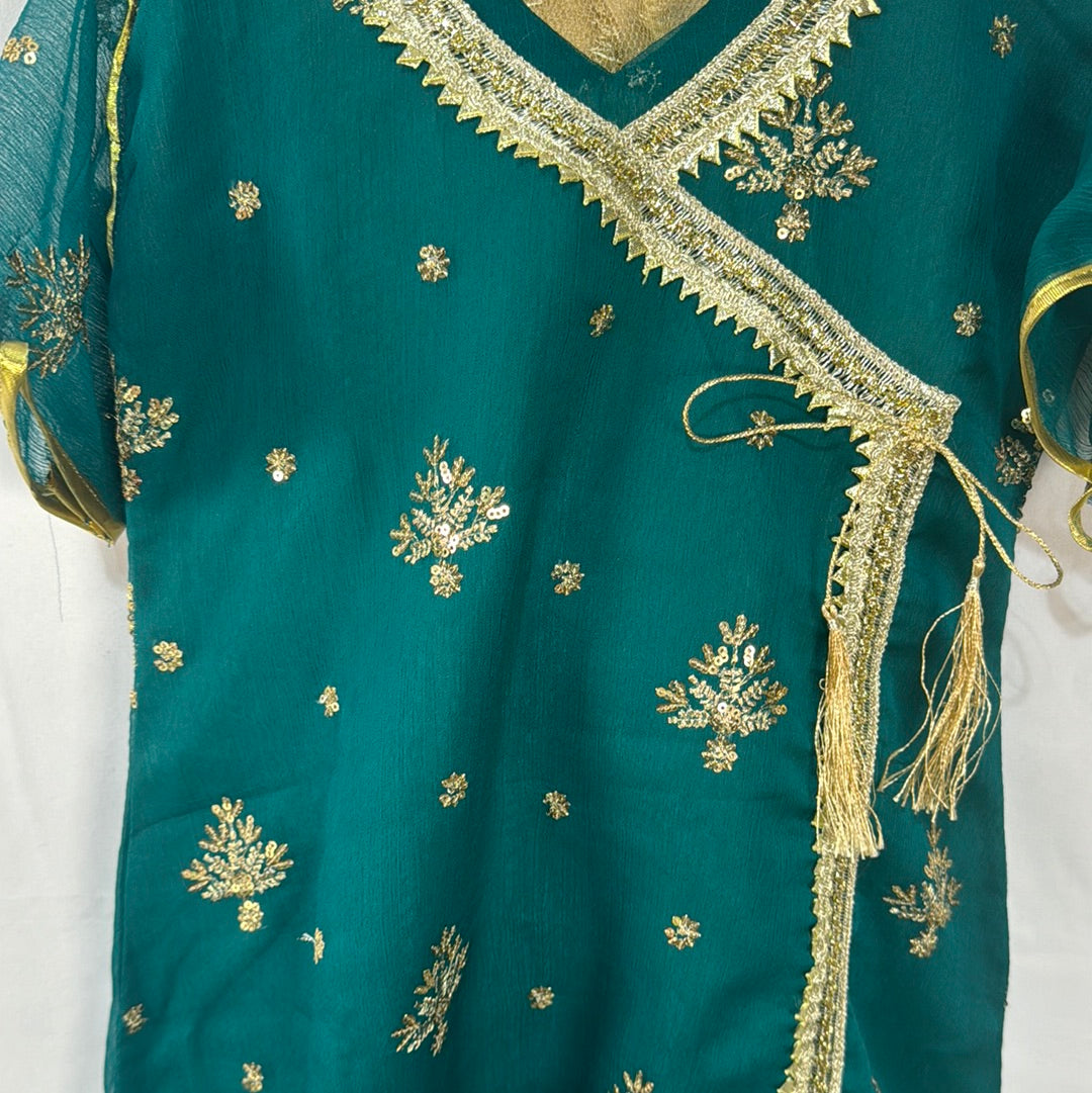 Girls Green Chiffon Outfit - Three Piece Set with Embroidered Shirt and Trousers