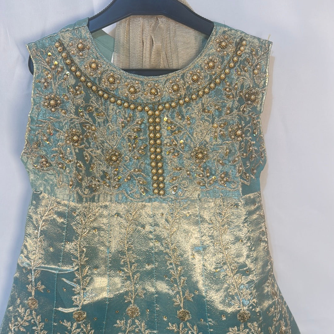 Green and blue embellishments lengha set