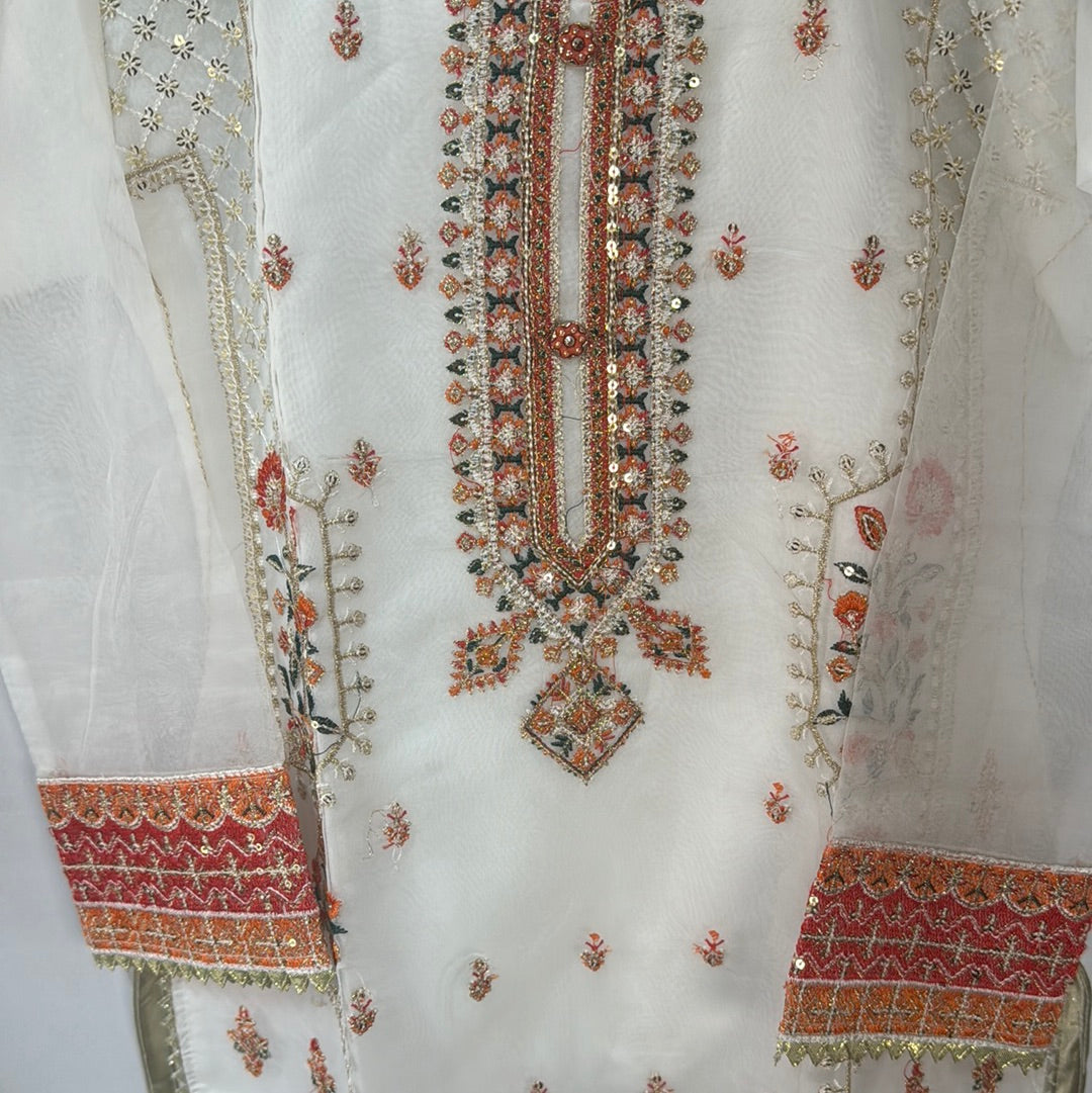 Girls White organza suit with embroidery on shirt