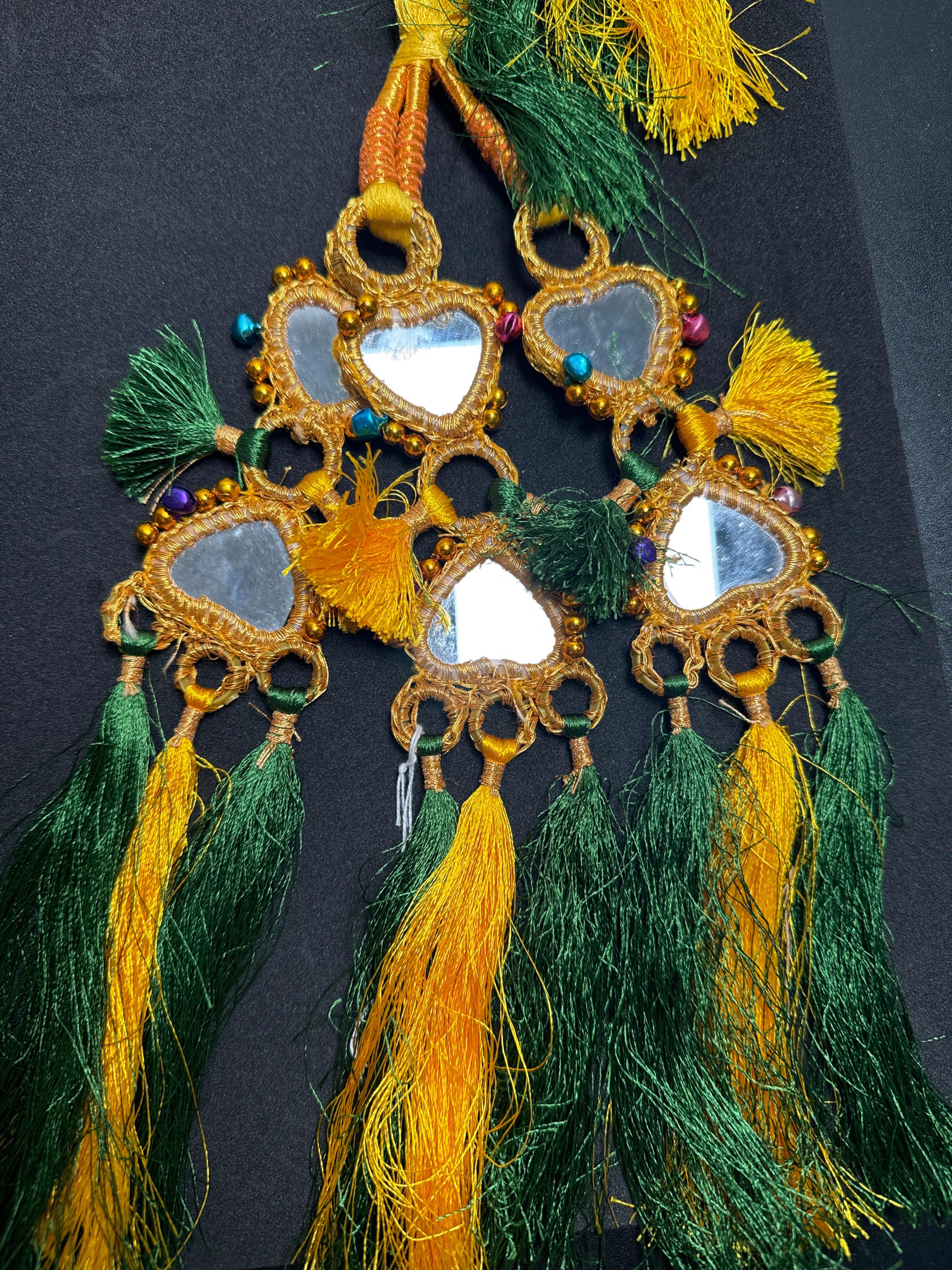 Yellow Parranda with heart design mirrors in  multi beads & tassels PD98