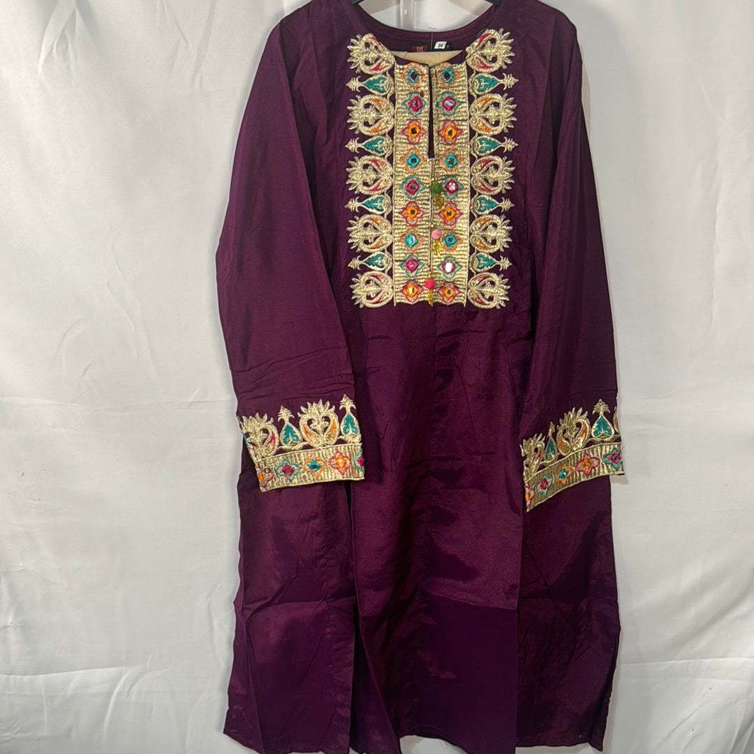 Girls purple frock dress with gold trouser