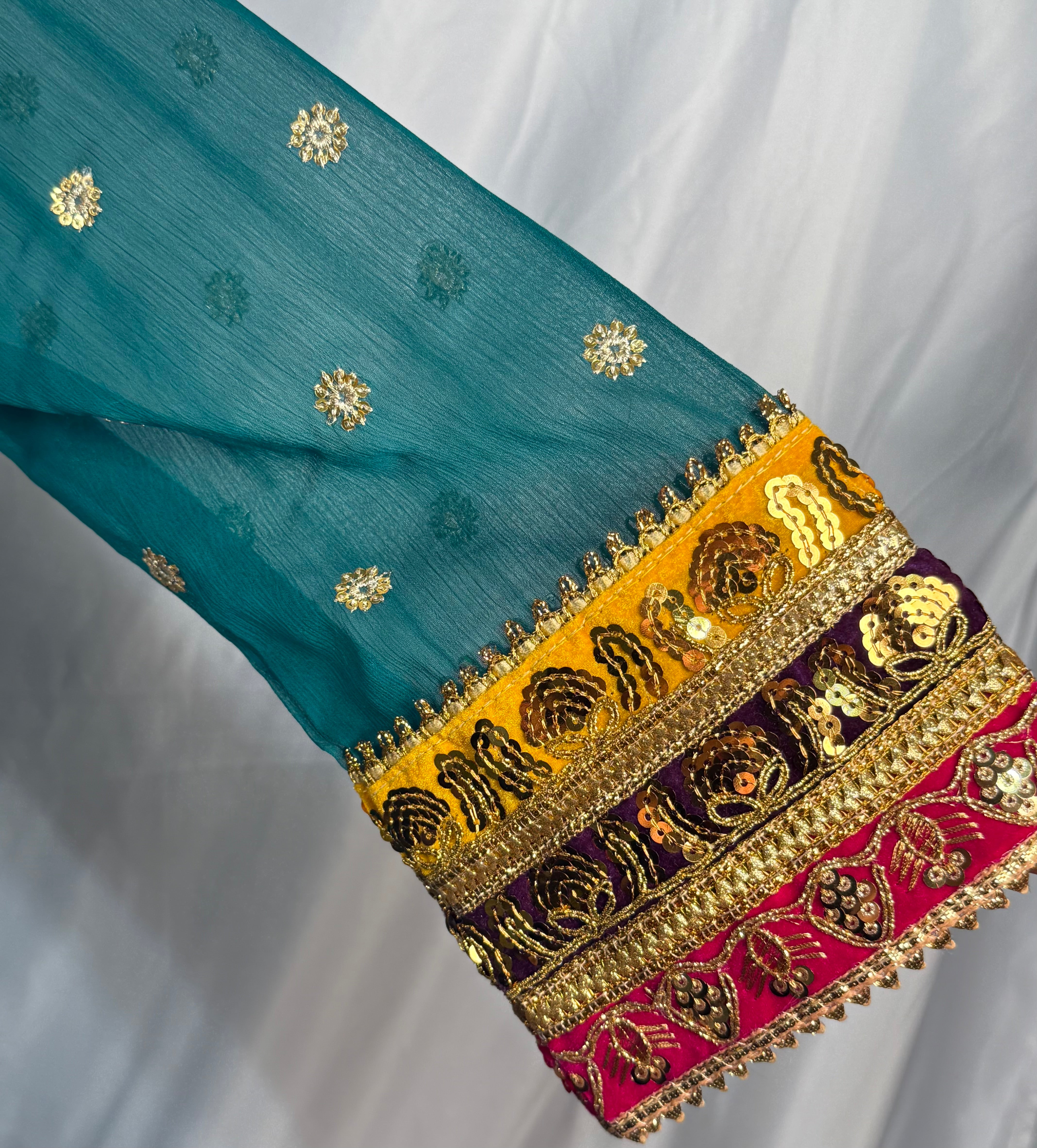 Ladies Teal Green Chiffon Angrakah Style 3 Pcs Suit With Embroidery On Shirt Golden Thread Work Last-05