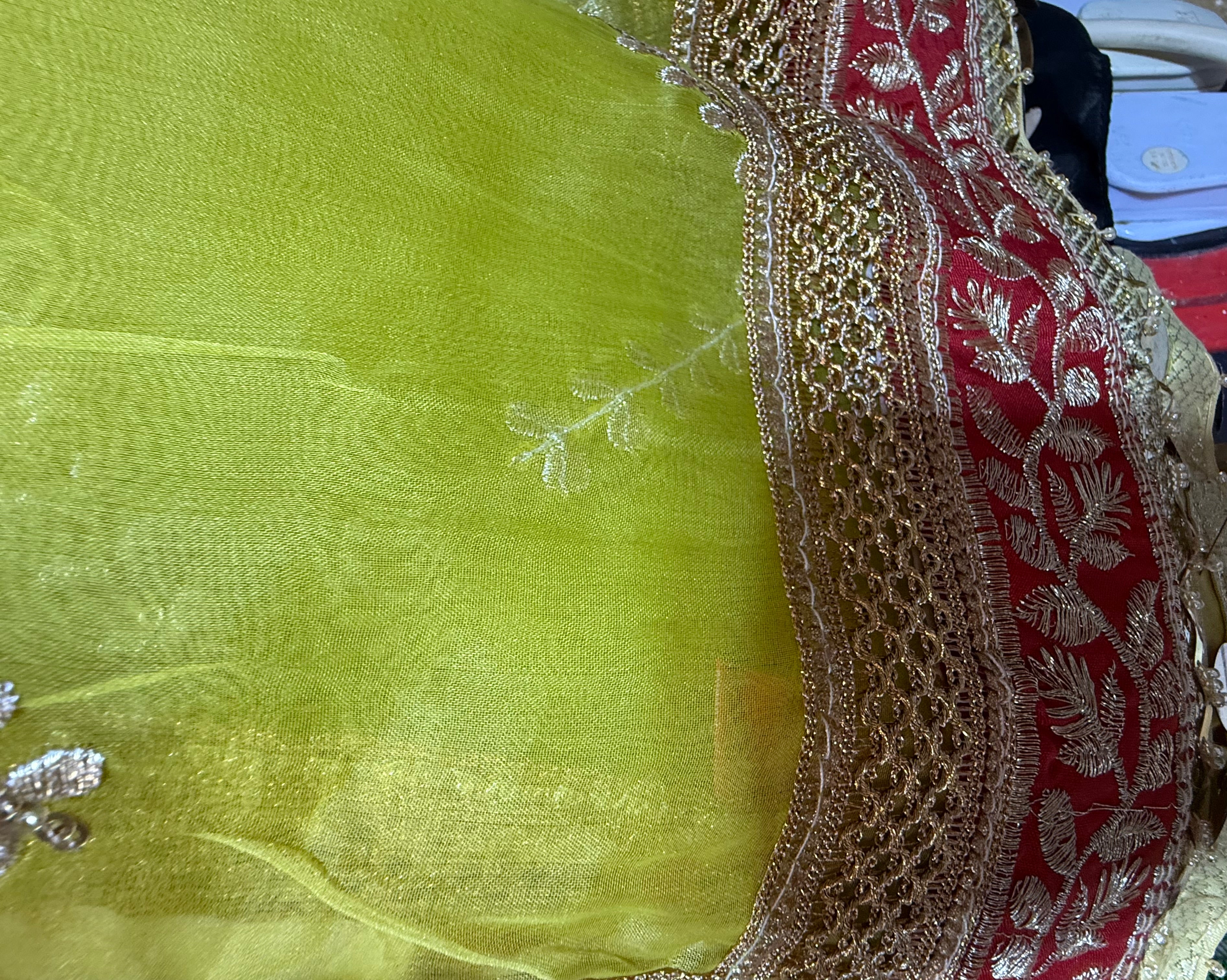Lime Green Colour Organza Duptta With Embroidery And Coin Lace By Areeba'S Couture