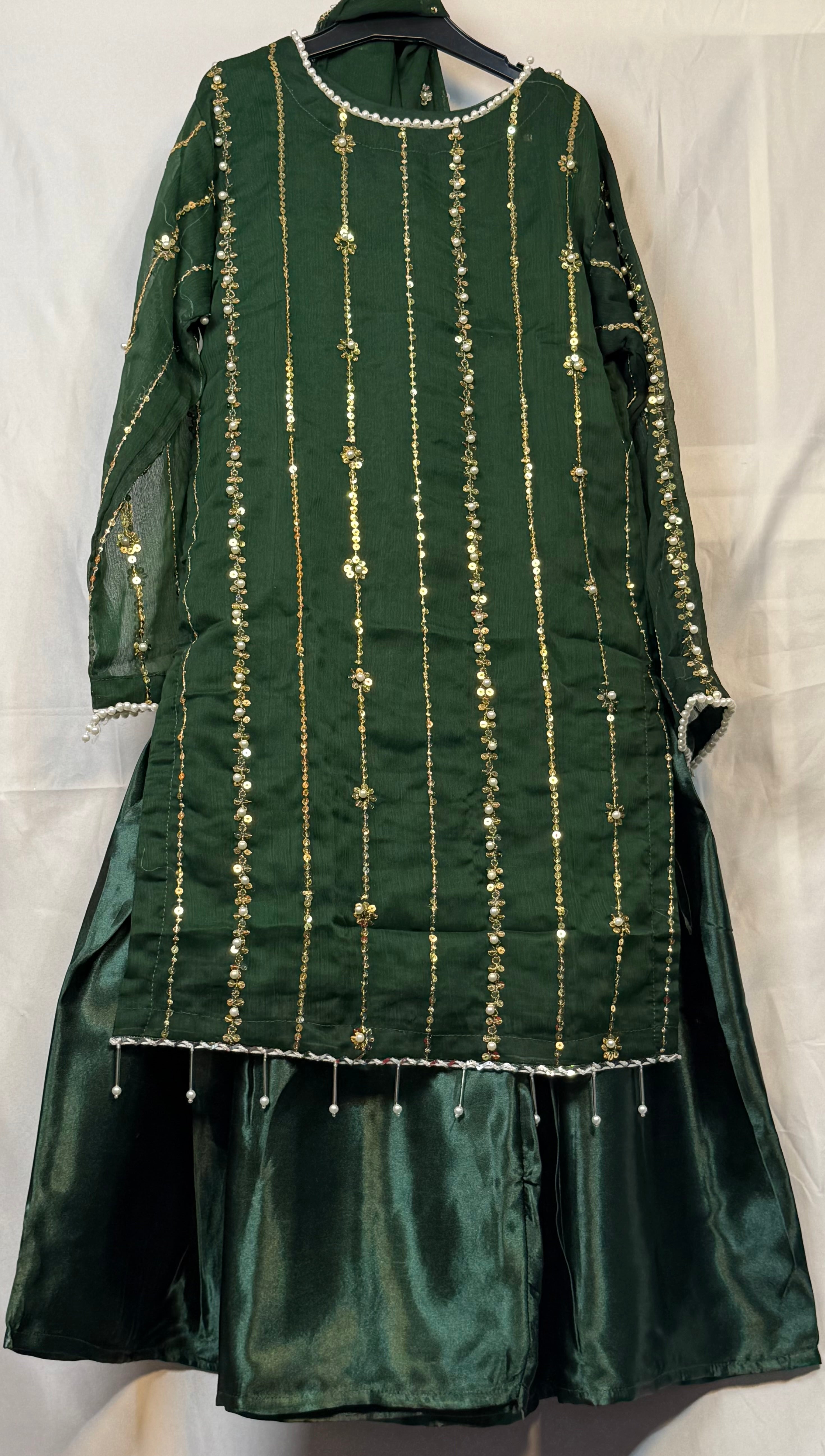 Girls Bottle Green Chiffon Shirt & Russian Silk Garara Set With Sequence Emobidary On Shirt (3 Piece) Gcgs-22