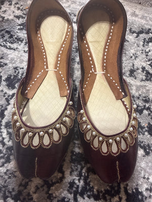 Ladies Leather Khussa Brown with Gold Embellishments and Comfortable Design- Areeba's Couture