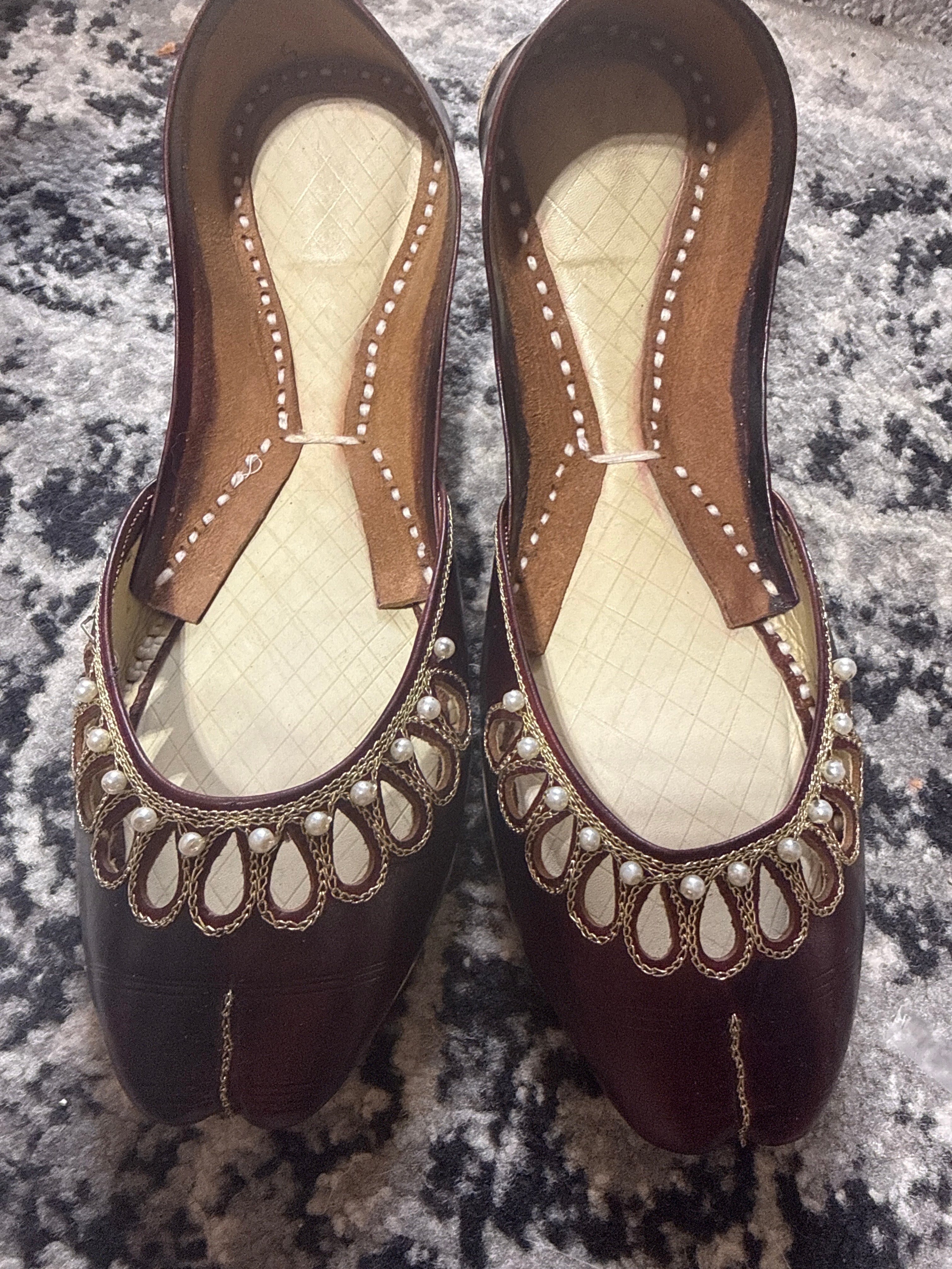 Ladies Leather Khussa Brown with Gold Embellishments and Comfortable Design- Areeba's Couture