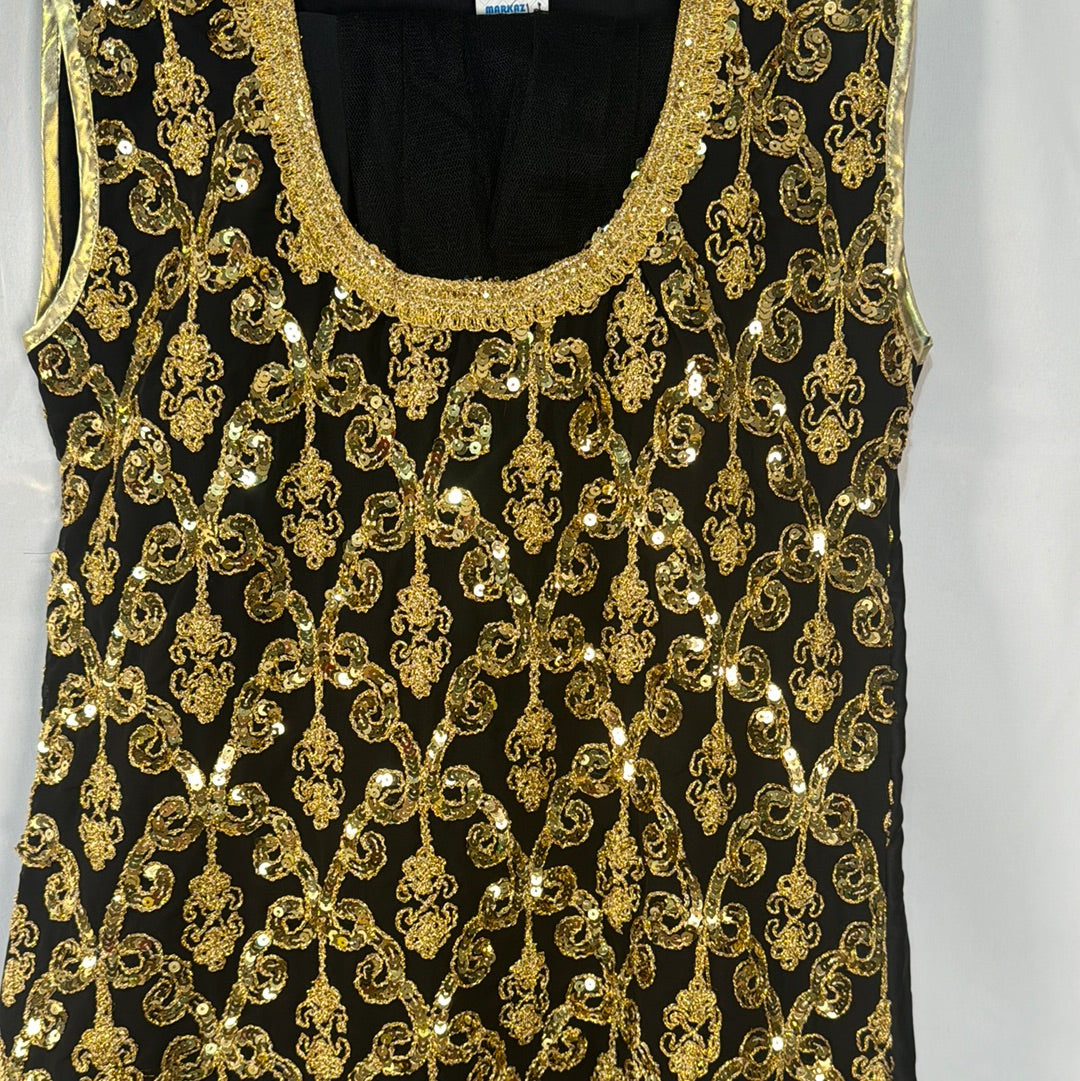Black Girls' Suit with Gold Sequin Work Top, Matching Silk Trousers & Net Scarf, Patch on Trousers, Elegant Ensemble