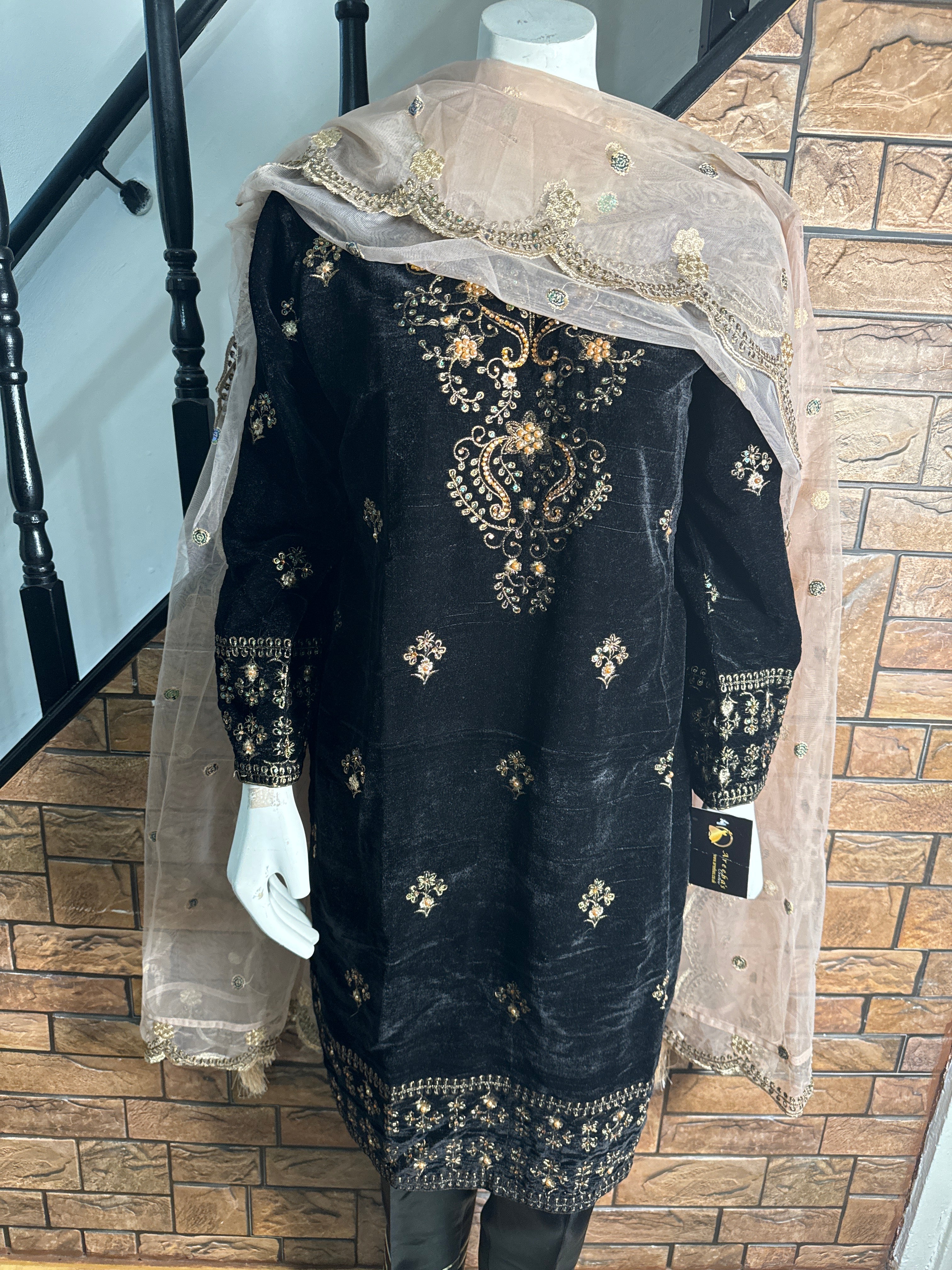 Women Black Valvet suit 3 PCS with heavy embroidery & Pearls work