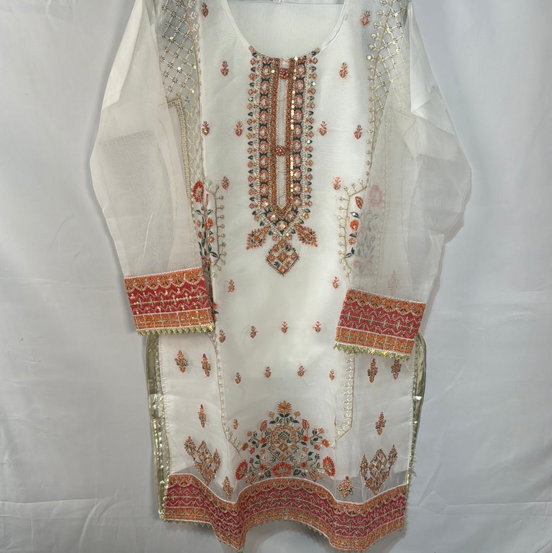 Girls White organza suit with embroidery on shirt