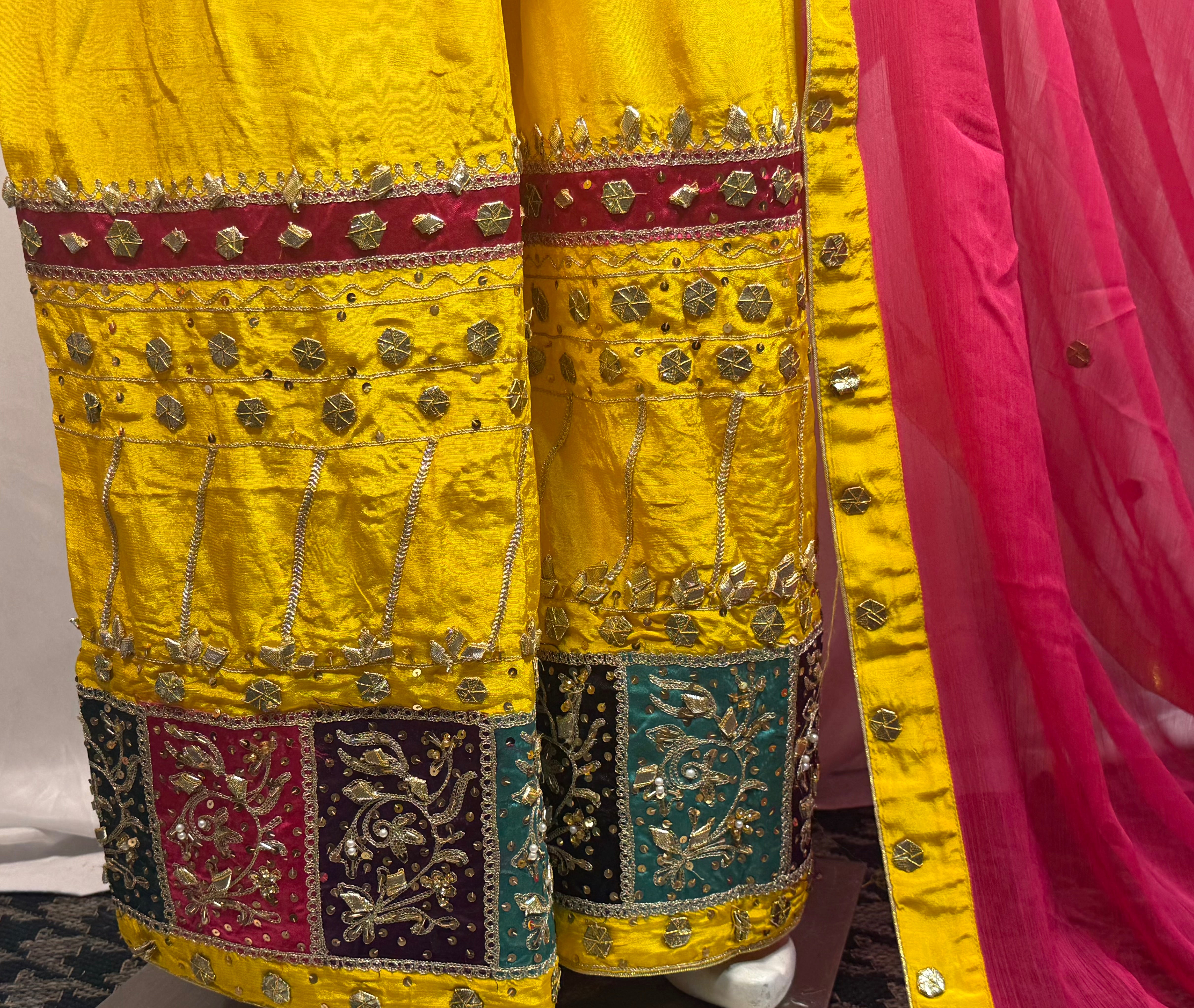 Ladies Three Piece Gotta And Hand Embellished Mehndi Suit