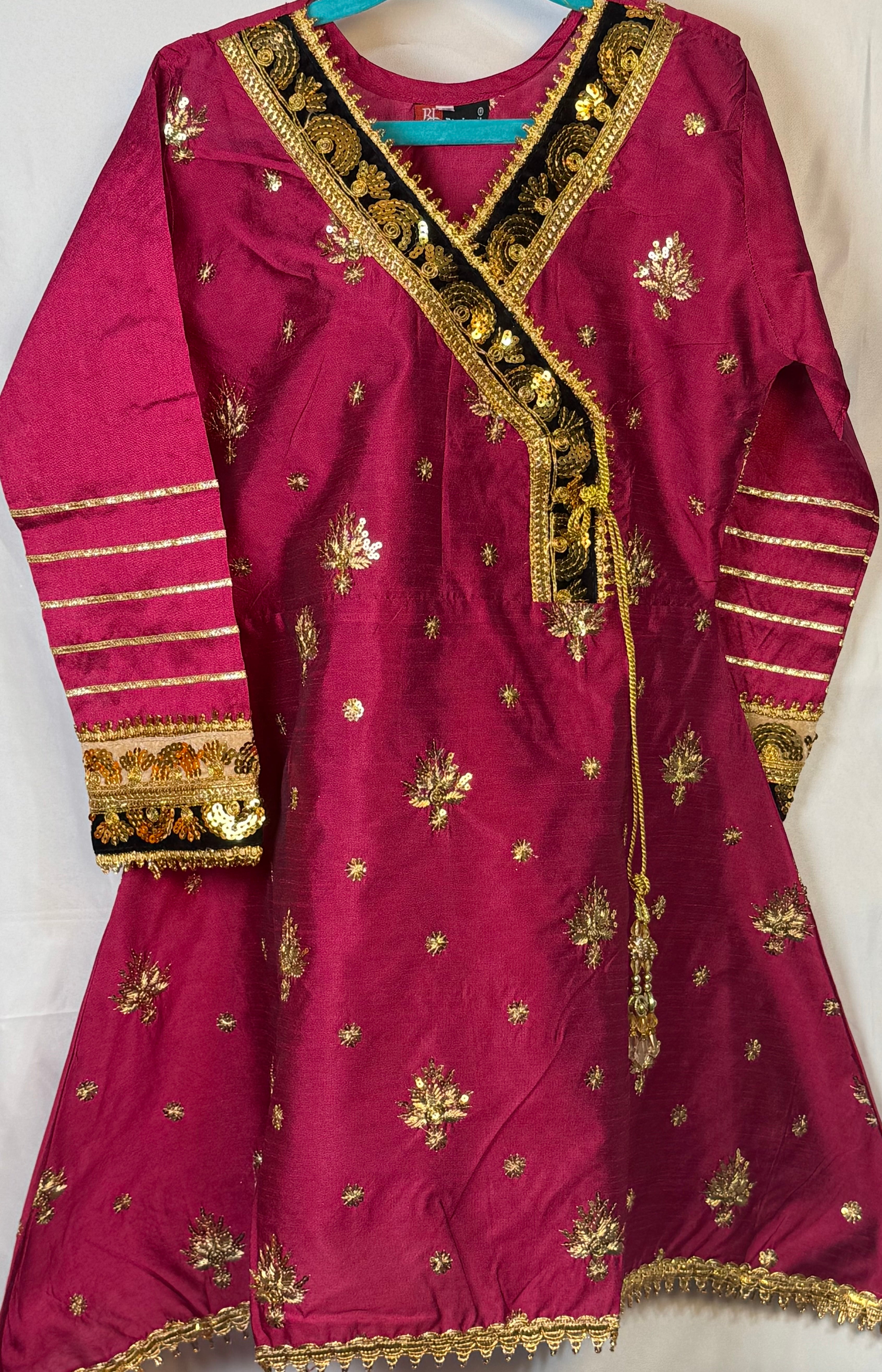 Girls Shocking Pink Airline Frock & Plazo Set On Kittan Silk With Emobidary On Shirt And Design On Plazo (2 Piece) Gcgs-16