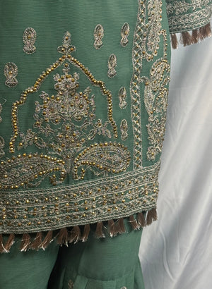 Ladies 3 Pcs Sage Green Garara Set With Embroidery (Including Shirt, Garara And Duptta) Lgs-3- Areeba's Couture