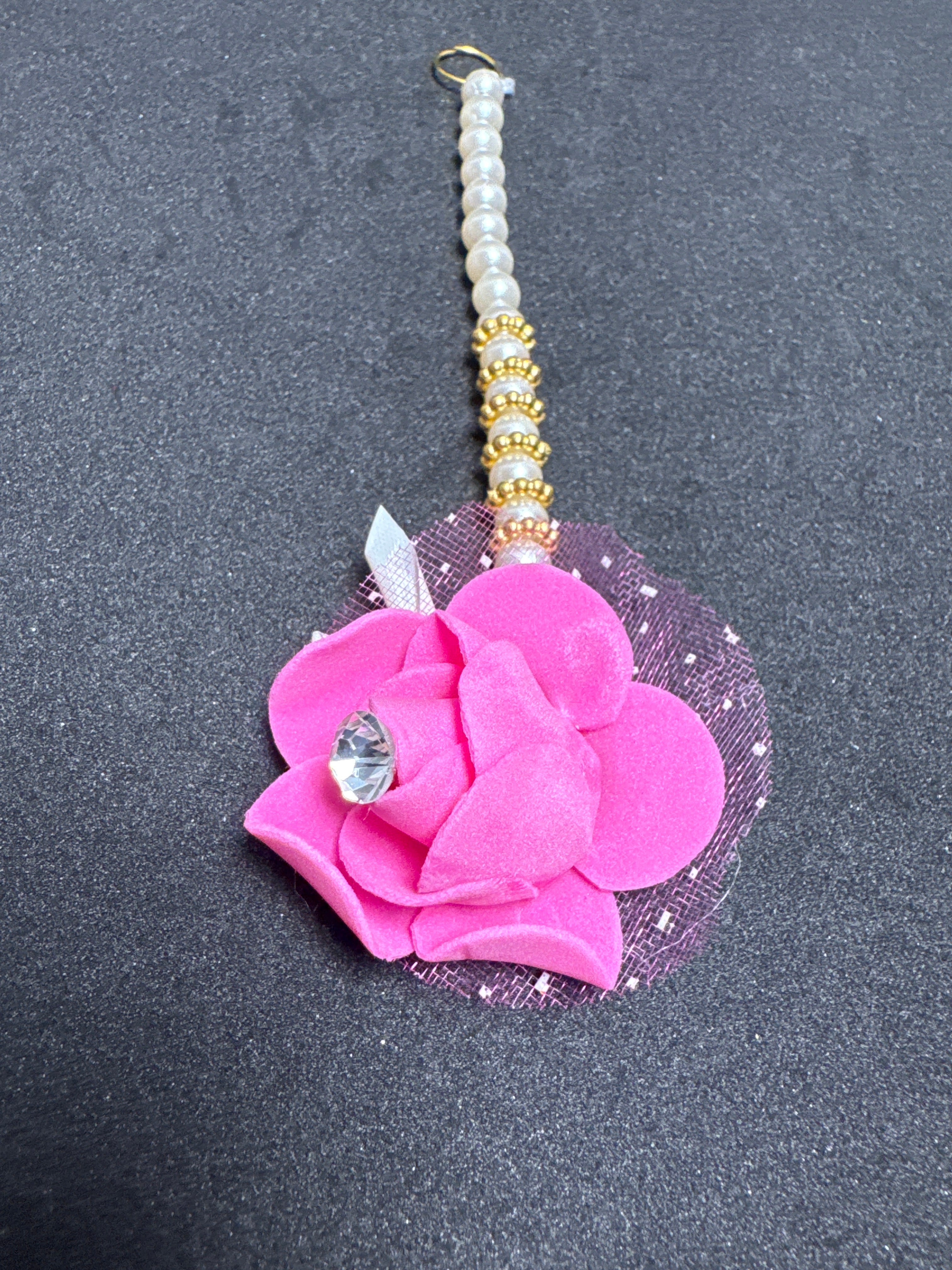 Pink Colour Flower Bindi with Gold Beaded Strap and Rhinestone Center for Traditional Wear