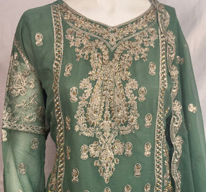 Ladies 3 Pcs Sage Green Garara Set With Embroidery (Including Shirt, Garara And Duptta) Lgs-3- Areeba's Couture