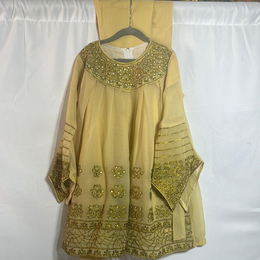Areeba's Classic girls chiffon frock Set 3 PCS with heavy embroidery on shirt