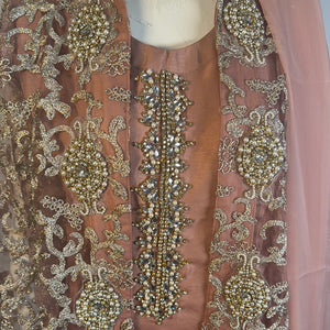 Net gown style dusky pink suit with heavy work 3PCS- Areeba's Couture