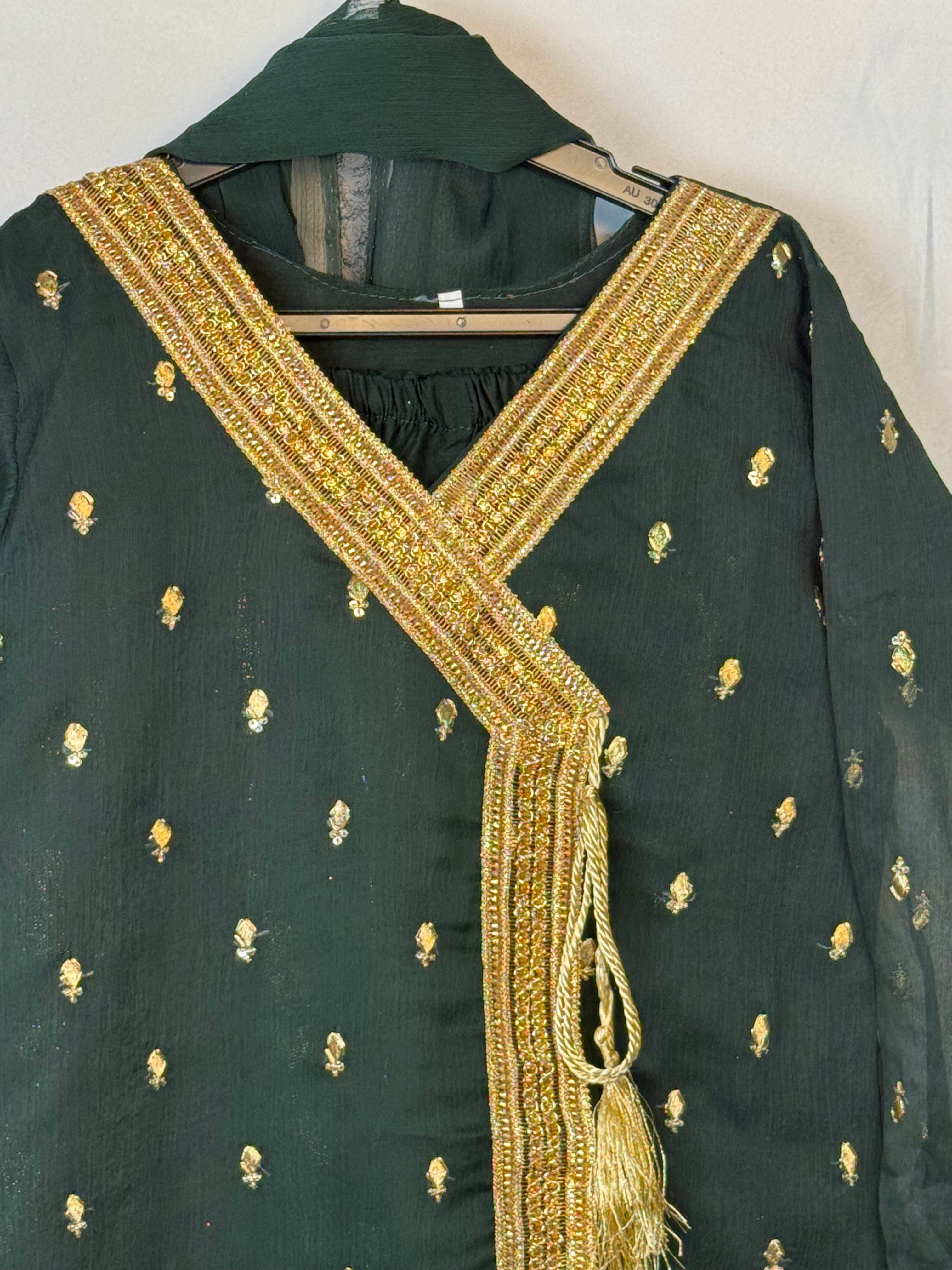 Girls Bottle Green Chiffon Angrakah Style Shirt & Garara Set With Emobidary On Shirt (3 Piece) Gcgs-10
